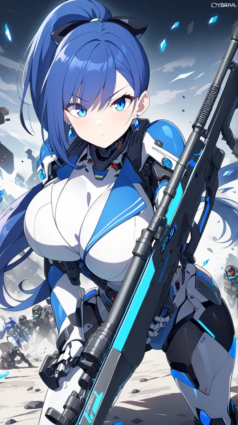 1girl, blue hair, breasts, huge breasts, bunny ears, rabbit ears, wide hips, blue eyes, short hair, very short hair, science-fiction, tech, futuristic, machinery, full body, neon trim, bikini, black bikini, light smile, shoes, sneakers, blue trim, pixie cut, glowing eyes