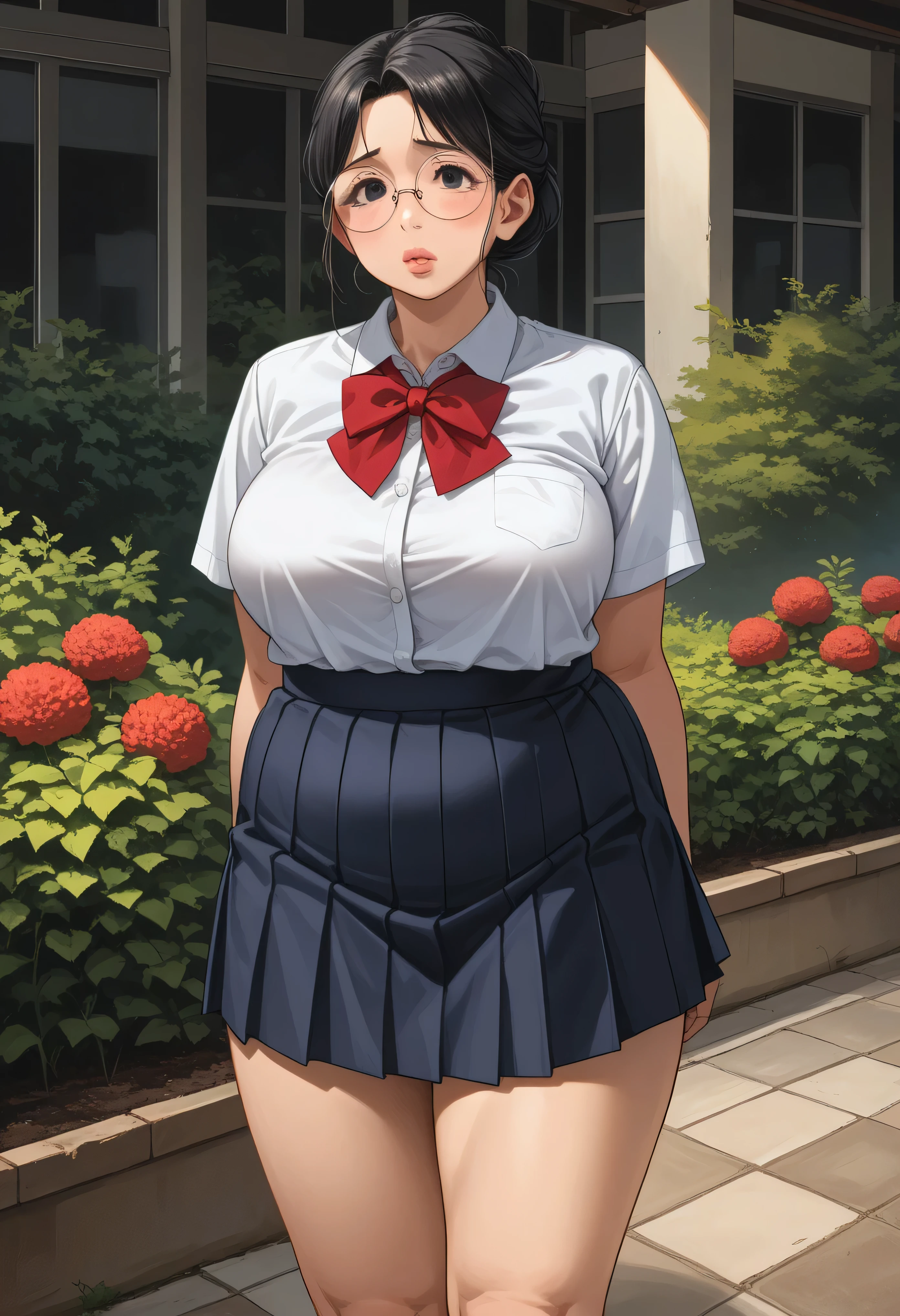 ( 1 girl:1.3), masterpiece,  best quality,  amazing beauty , 4K,  absurd,  detailed ,  Ultra Detailed Eye  , perfect anatomy,  Official Art,  cinematic lighting , break, garden, Hair Bun, ( black hair:1.5),  Super Shiny Detail Black Eye, (((Tears))),  eyes closed , ((  Plump Lips)), Red Round Cell Frame Glasses , ((( plump face ))), (((Round face))),  embarrassed face, Face of a Mature Japanese Woman, 40 years old, Mature Japanese Woman:1.2, break , Big Breasts:1.2, Mature Japanese Woman,  mature woman , maternal,, whole body, break , (White uniform:1.2), ( dark blue miniskirt :1.2), break,()