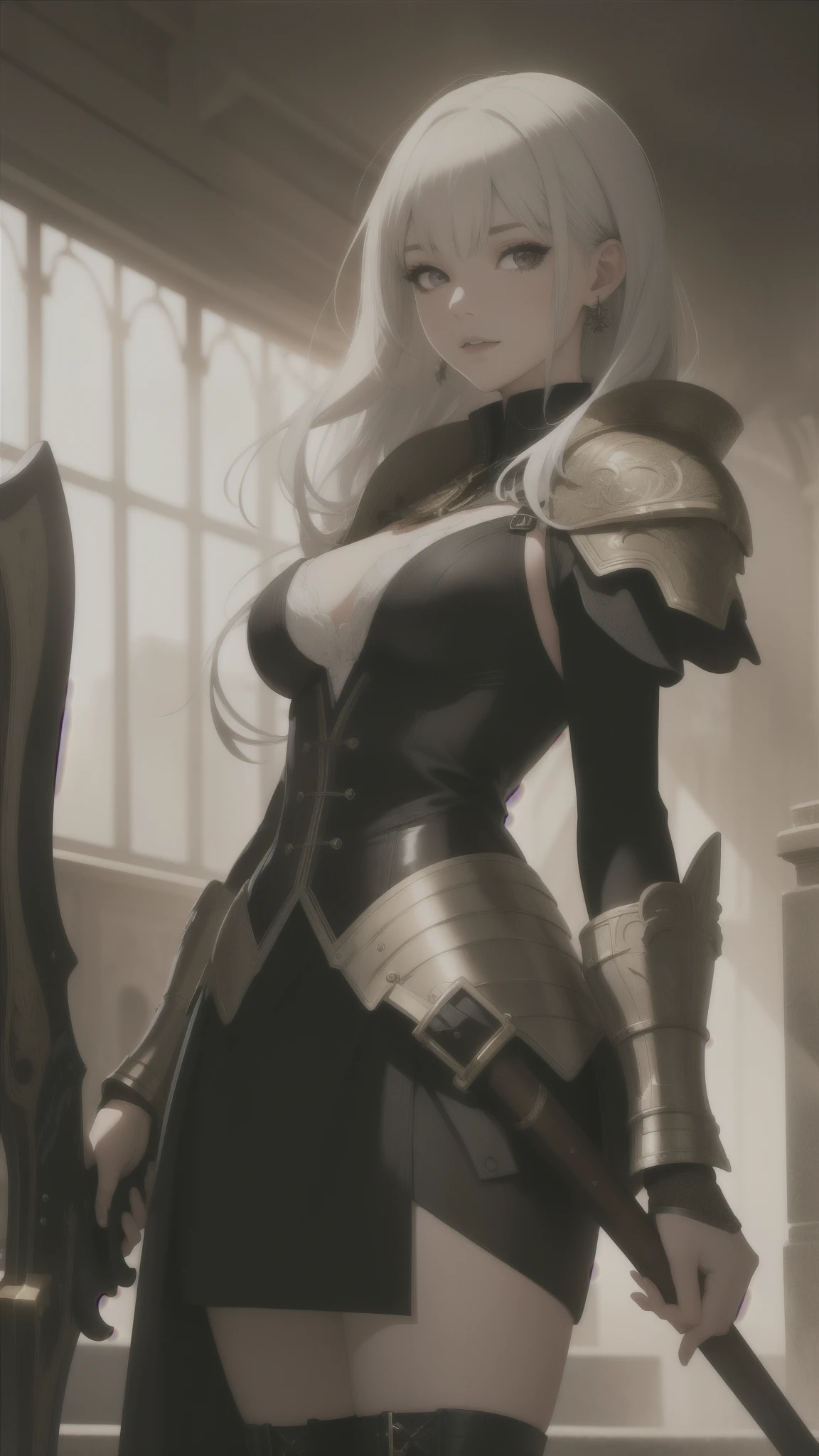 Anime girl in armor with sword and shield in a room - SeaArt AI