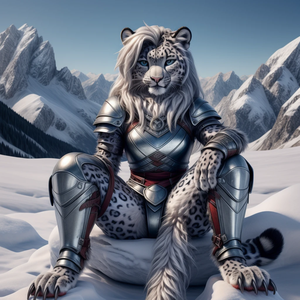 Full body, Snow leopard, female, sits, Fuzzy, Front view, left hand on left leg, right hand on right leg, with mane,  4 fingers with medium-length claws, 3 toes with long claws, very detailed fur, leather-armor, smile, in the high mountains, sonne am zenit, very high quality, High resolution, detailed background