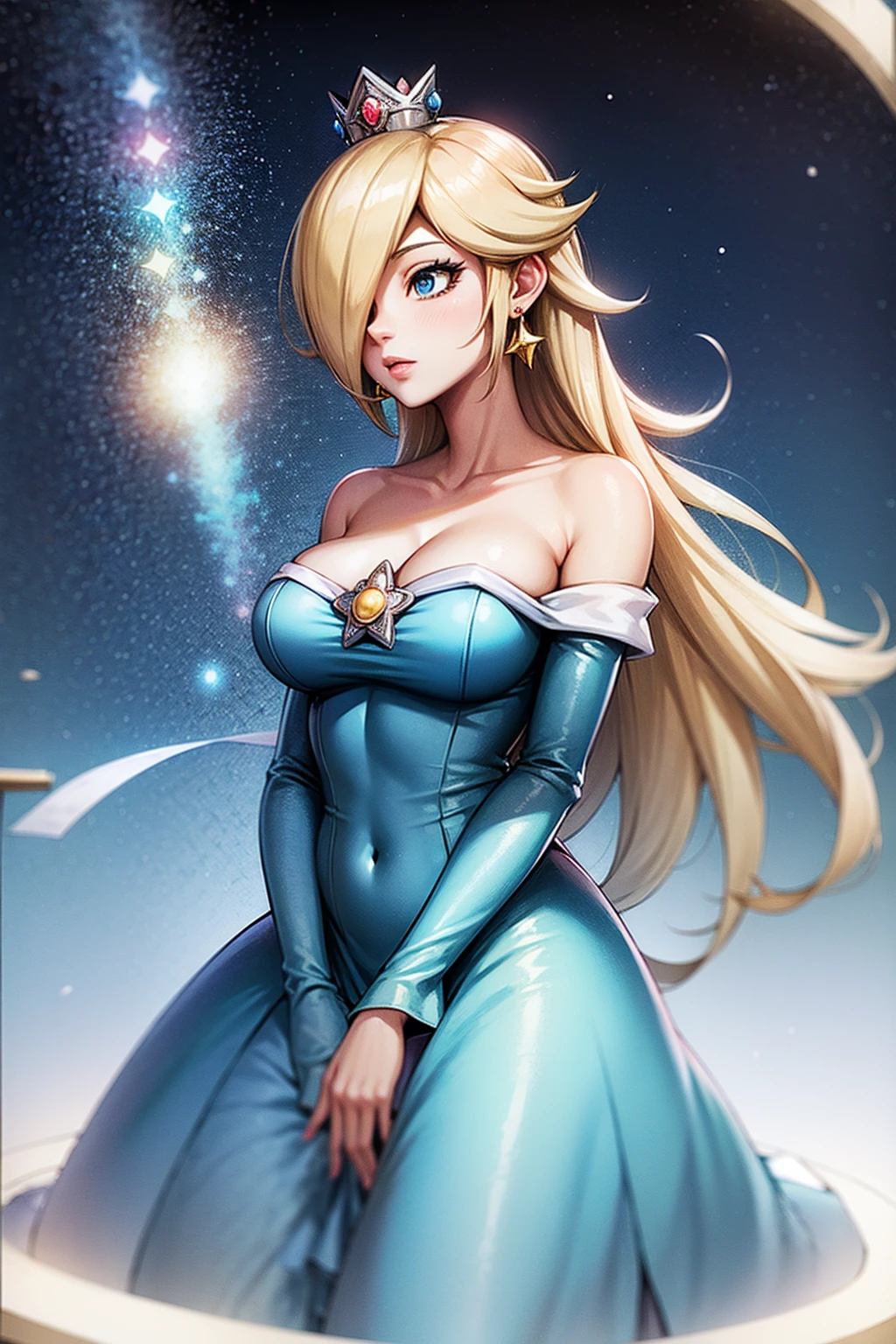 princesa rosalina, blue dress, big breasts, adult body, starry sky, semblante angelical
