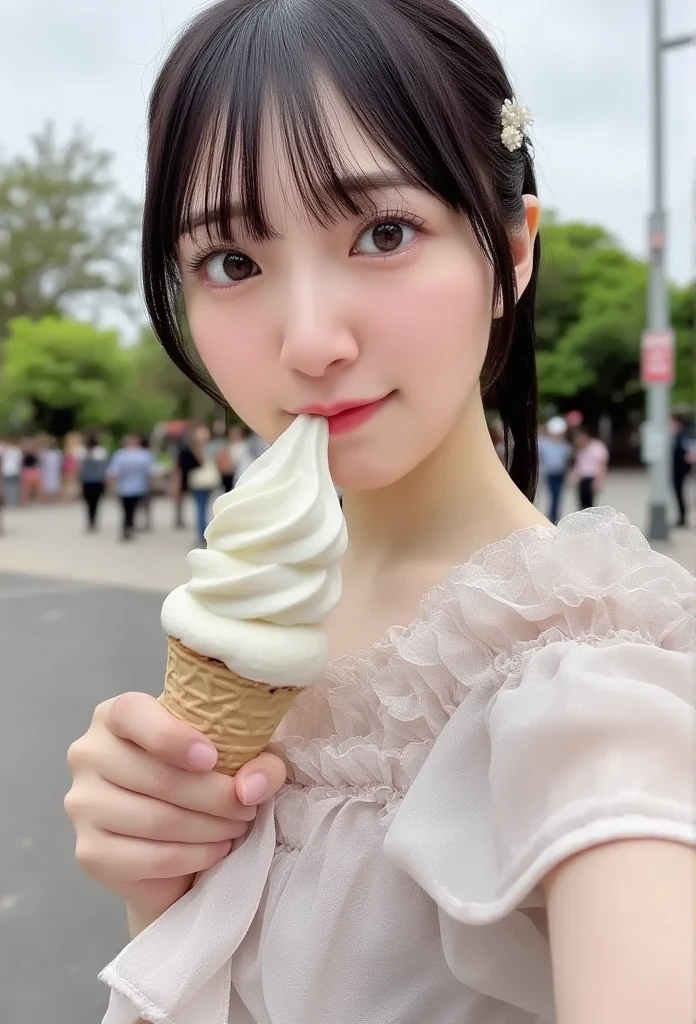 ice cream cone,McDonald's ice cream,HD,One hand holding,Located at McDonald's,8k,Ice cream with chocolate decoration,Detailed description,ice cream