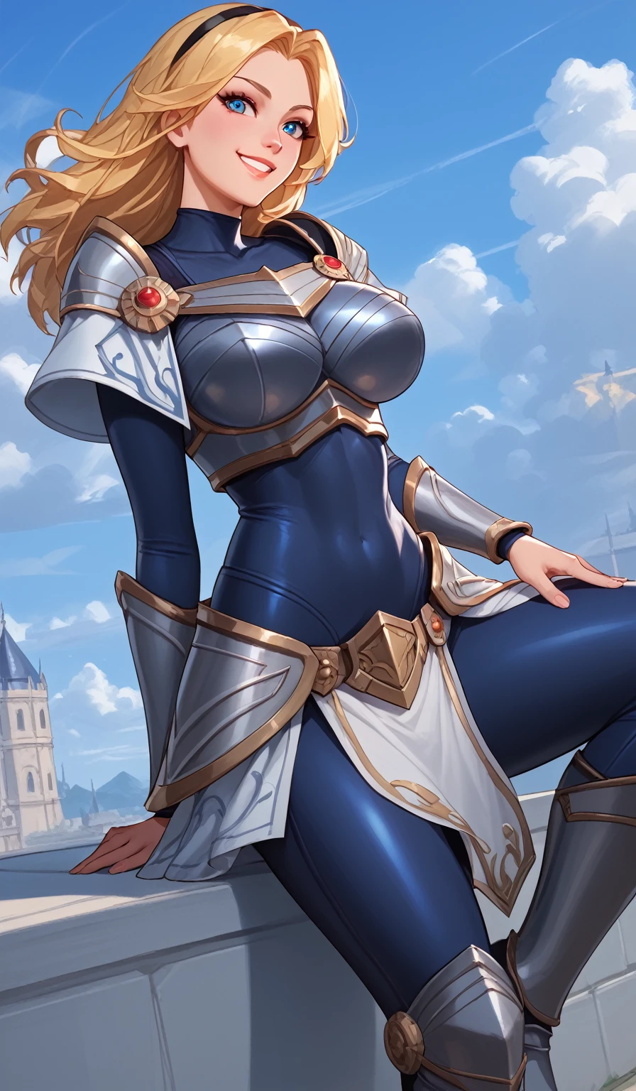 score_9, score_8_up, score_7_up, score_6_up, score_5_up, score_4_up, LuxLoLXL, blue eyes, blonde hair, long hair, black hairband, big breasts, collarbone, shoulder armor, armor, blue bodysuit, breastplate, long sleeves, faulds, skirt, blue pants, armored boots, ((((big breasts)))), smile, alone full body,sitting on a cloud, blue sky clouds , knee high boots