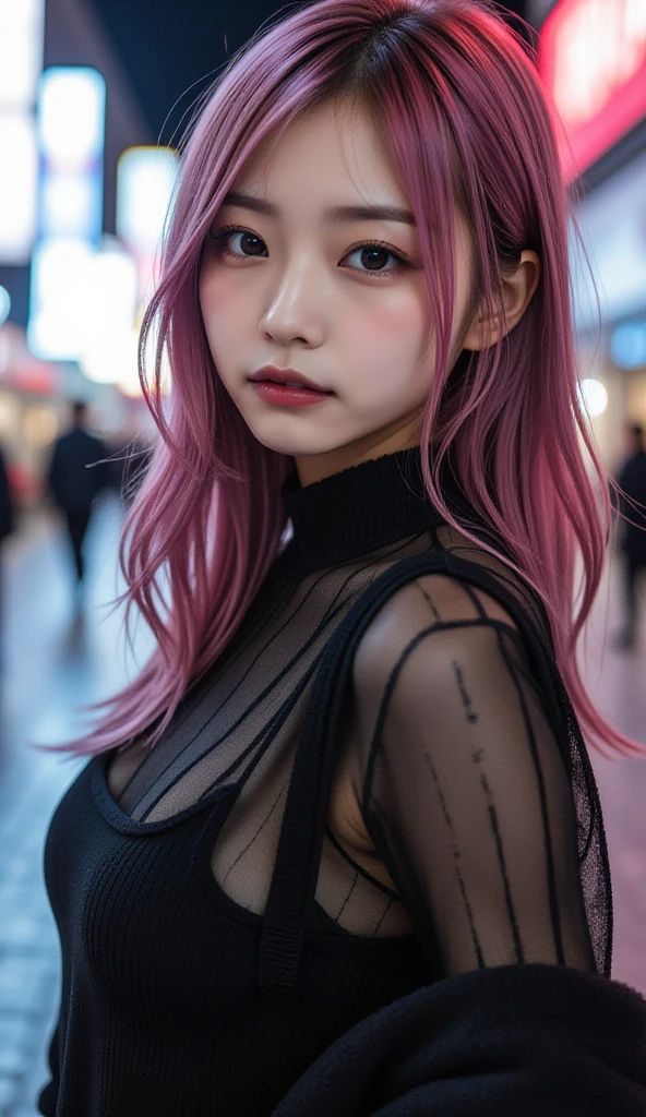 1girl in, ((Fisheye, Selfie)), Wind, hair messy, Sunset, Cityscape, (Aesthetics and atmosphere:1.2),Beautiful woman smiling、8K、An ultra-high picture quality、japanes、2 women around 20 years old、pinkhair、Smiling、((白い歯でSmiling))、they are hugging each other and touching cheeks、