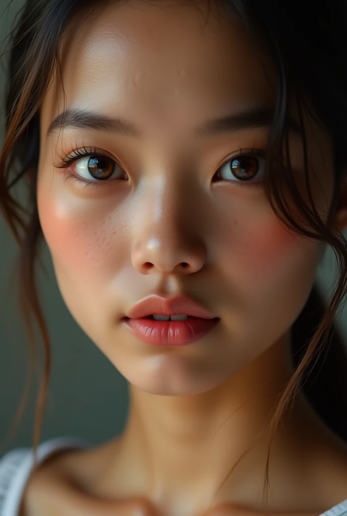 Front face of a hyperrealistic young woman, trusting, brune, 19ans ...