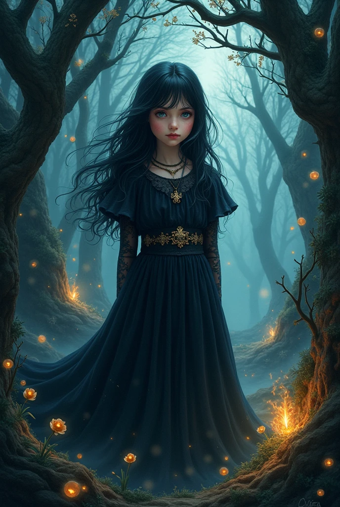 illustration of 11 years old daughter of severus snape, ,long black hair,pale skin,hair over eyes,green eyes,witch, cover page, highres, paid reward available, unparalleled masterpiece, terrifying tale, Hansel and Gretel perfect anatomy, good lighting, volumetric lighting, cinematic shadow,
