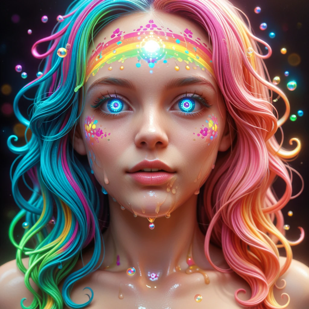 A photorealistic cinematic dream, an extremely attractive young woman is caught in a dream where psychedelic vibrant colors are shimmering, glass orbs are  levitating and spilling  out rivers of intricate rainbow patterns, perfectly formed symmetrical spheres levitate, glowing reflective bubbles are forming, attention to detail on the bubbles and spheres, rainbows of color twisted in and out of translucent orbs, spilled paint and spirals of swirling color fill the background, beautiful detailed digital art, pixel art, neon colors, 4d mandelbulb psychedelics, glass-like  landscapes, intricate patterns of neon green and neon pink spiderweb the environment, psychedelic underwater brightness, trails of color and light, bright neon colors, psychedelic vibrant colors, colorful paint drips out of the bubbles, 3D glass spheres melting into each other spilling out colors, visually disorienting, hallucination inducing, optical illusions, startling, stunning images, awe-inspiringly, best quality wallpaper, pixel assets, portrait photography, surrealism, photorealistic, hyperdetailed, glass morphism,highly reflective, glass shines and sparkles In a room with mirrors for walls glass is morphing inside of intricate rainbow patterns, perfectly formed symmetrical spheres and glowing reflective bubbles are everywhere melting into fizzy neon patterns carpeting the ground. Attention to detail on the bubbles and spheres, rainbows of color twisted in and out of translucent orbs, spilled paint and spirals of swirling color surround the young woman, beautiful psychedelic digital art, pixel art, neon green and neon pink, 4d mandelbulb psychedelics, glass-like psychedelic landscape, intricate rainbow environment, psychedelic underwater brightness, trails of color and light, bright fluorescent colors, psychedelic vibrant colors, bright psychedelic neon colors, colorful paint drips out of the bubbles, 3D glass spheres melting into each other spilling out colors,.