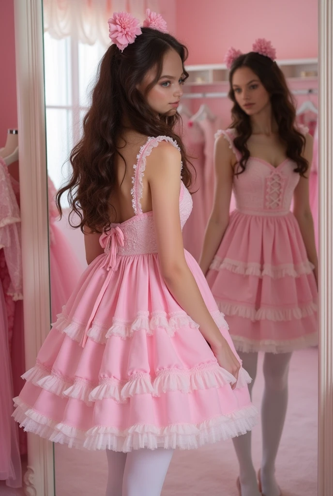(Highest quality、masterpiece、8k、Best image quality、Hyperrealism、Award-winning works)、1 cute beautiful girl、(alone:1.1)、(1 photo:1.1)、(cute, Girlish, A sheer ta dress in light pink and light blue:1.2)、(Cute Girlish big ribbon:1.1)、(Cute and luxurious hair accessories:1.1)、(The perfect Loliress with attention to detail:1.2)、(A cute dress with frills and ribbons:1.1)、(cute lolita d with lace decorations:1.1)、(Cute Girlish lolita wavy :1.1)、(Low length:1.1)、(height: 140cm:1.1)、(Very large breasts:1.5)、(Glamorous Body:1.5)、(Big cleavage:1.5)、(Pink Roses:1.1)、(cute heart symbol:1.1)、Cute Lots of frills、(Big cute ribbon:1.1)、Accentuate your body lines、Slender body、Standing Elegantly、(Pastel color Girlish and luxurious lolita room backnd:1.1)、(A fairytale lolita room with atton to detail:1.1)、(cute light blue decorative wall:1.2)、(cute room with a Girlish atmosphere in pastel colors:1.1)、(cute room with very bright and shiny pastel colors:1.4)、(A very bright and shiny room:1.2)、(Full of pastel colors:1.2)、(very bright and vivid:1.4)、(cute pastel color wall decoration:1.2)、Blurred Background、Standing Elegantly Girl、Accurate anatomy、Perfect Makeup、Long eyelashes、Glossy Lips、Ultra HD glossy skin、(Ultra-high definition, bright and beautiful skin:1.2)、(Super bright and radiant skin:1.2)、Ultra-high definition glossy lips、Ultra-high definition beautiful teeth、Light brown and blonde hair、Light brown eyes