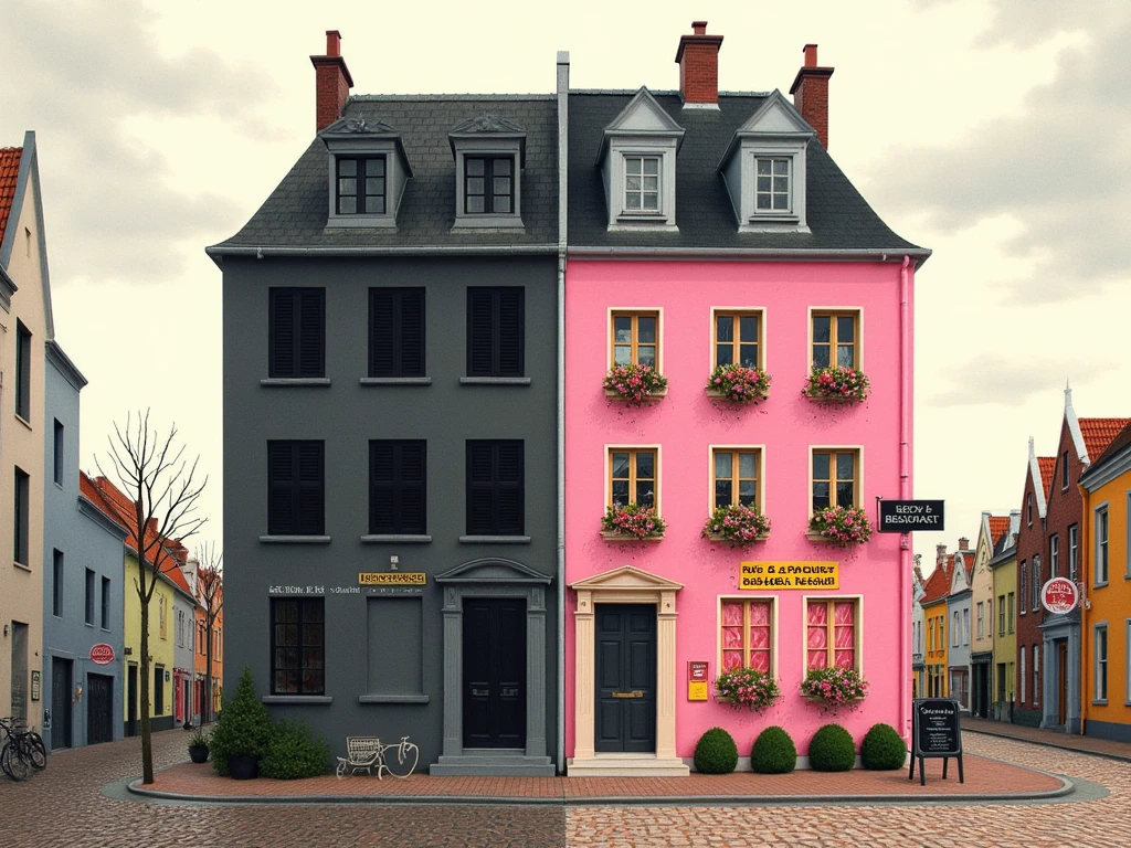 Theater poster featuring a European-style house with contrasting halves. The left side is a dark, somber funeral home with a minimalist design: black shutters, a muted gray facade, and sparse landscaping featuring bare trees and dead plants. The right side is a cheerful, bright pink Bed & Breakfast, adorned with flower boxes, vibrant decorations, and a welcoming sign. The two halves of the house are perfectly split with only one front door, with contrasting moods and color palettes. The background shows a serene Belgian townscape, with cobblestone streets and a soft cloudy sky. The artistic style realistic, with careful attention to architectural detail and contrasting atmospheres.