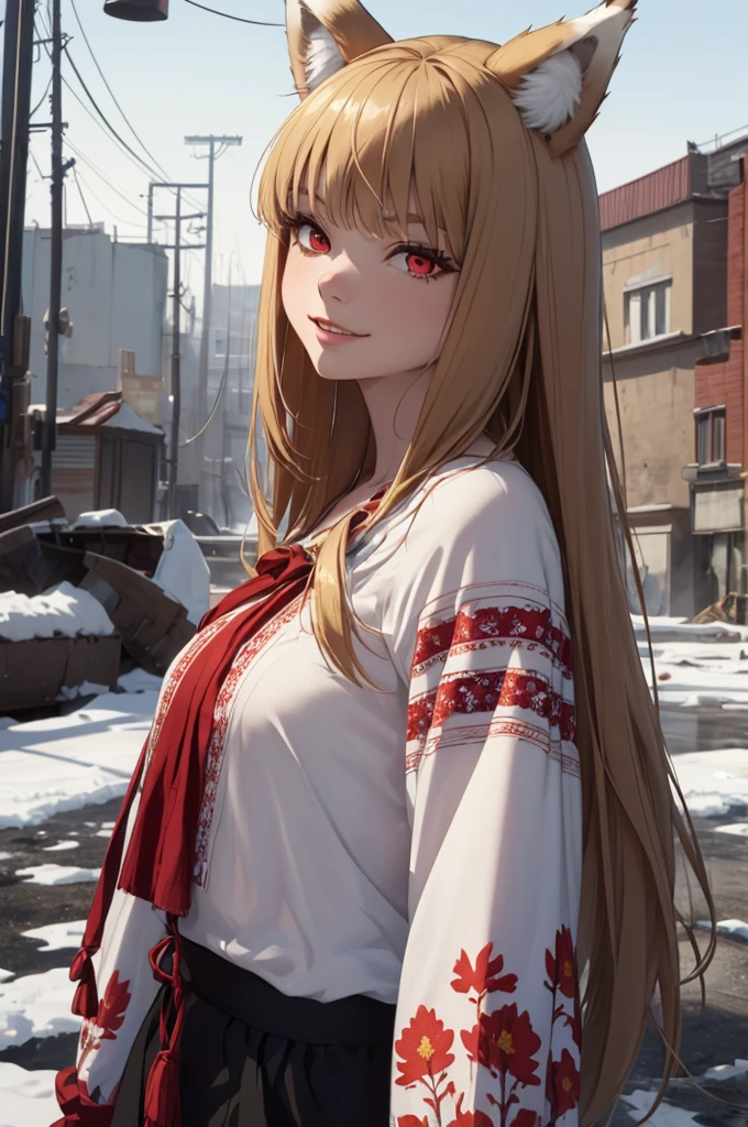 4K, Masterpiece, highres, absurdres,natural volumetric lighting and best shadows,highly detailed face, highly detailed facial features, cinematic shadows, cinematic lights, (((ultra detailed, 8k quality))), (((WINTER WASTELAND ATMOSPHERE))), horny smile, nice hands, perfect hands, nice lips, perfect lips, SOLLO, OUTDOOR, 

, (braless, Braless),
, holo anime2024, (((animal ears, red eyes, long hair, WOLF TAIL, wolf ears, holo, solo,)))

(masterpiece), best quality, abandoned, post-apoc, postapoc_character, postapoc_scenery, postapoc_vehicle, postapoc_raider,  ruined_cityscape, distant_character, wasteland, hazmat, detailed eyes, beautiful eyes,

(masterpiece), (((best quality, 4k, 1080p, HIGH DEFINITION, POST-APOCALYPTIC SITY, SNOW, INTENSE SNOW STORM, VERY INTENSE SNOWFALL, STRONG WIND, holo)))

ruined european city 

, edgVyshivanka, blonde woman in a white,blue,yellow,green,pruple,black dress and a flower crown ,wearing edgVyshivanka, edgVyshivanka_style_embroidery,floral embroidery, floral print