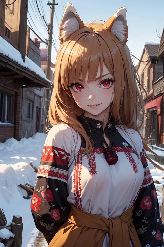 4K, Masterpiece, highres, absurdres,natural volumetric lighting and best shadows,highly detailed face, highly detailed facial features, cinematic shadows, cinematic lights, (((ultra detailed, 8k quality))), (((WINTER WASTELAND ATMOSPHERE))), horny smile, nice hands, perfect hands, nice lips, perfect lips, SOLLO, OUTDOOR, 

, (braless, Braless),
, holo anime2024, (((animal ears, red eyes, long hair, WOLF TAIL, wolf ears, holo, solo,)))

(masterpiece), best quality, abandoned, post-apoc, postapoc_character, postapoc_scenery, postapoc_vehicle, postapoc_raider,  ruined_cityscape, distant_character, wasteland, hazmat, detailed eyes, beautiful eyes,

(masterpiece), (((best quality, 4k, 1080p, HIGH DEFINITION, POST-APOCALYPTIC SITY, SNOW, INTENSE SNOW STORM, VERY INTENSE SNOWFALL, STRONG WIND, holo)))

ruined european city 

, edgVyshivanka, blonde woman in a white,blue,yellow,green,pruple,black dress and a flower crown ,wearing edgVyshivanka, edgVyshivanka_style_embroidery,floral embroidery, floral print