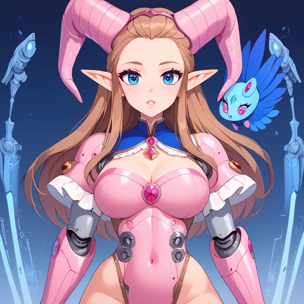 score_9, score_8_up, score_7_up, ((Masterpiece)), ((highres)), (1girl), a detailed cyborg girl, long brown hair, cybernetic waist cape, beautiful anime eyes, pink cyborg armor, cyberntic horns, defined elf ears, defined eyes, blue iris, long eye lashes, defined nose, curvy, wide hips, slim waist, (hip up in frame), hands to the sides oif her, ((Futuristic medieval scene))