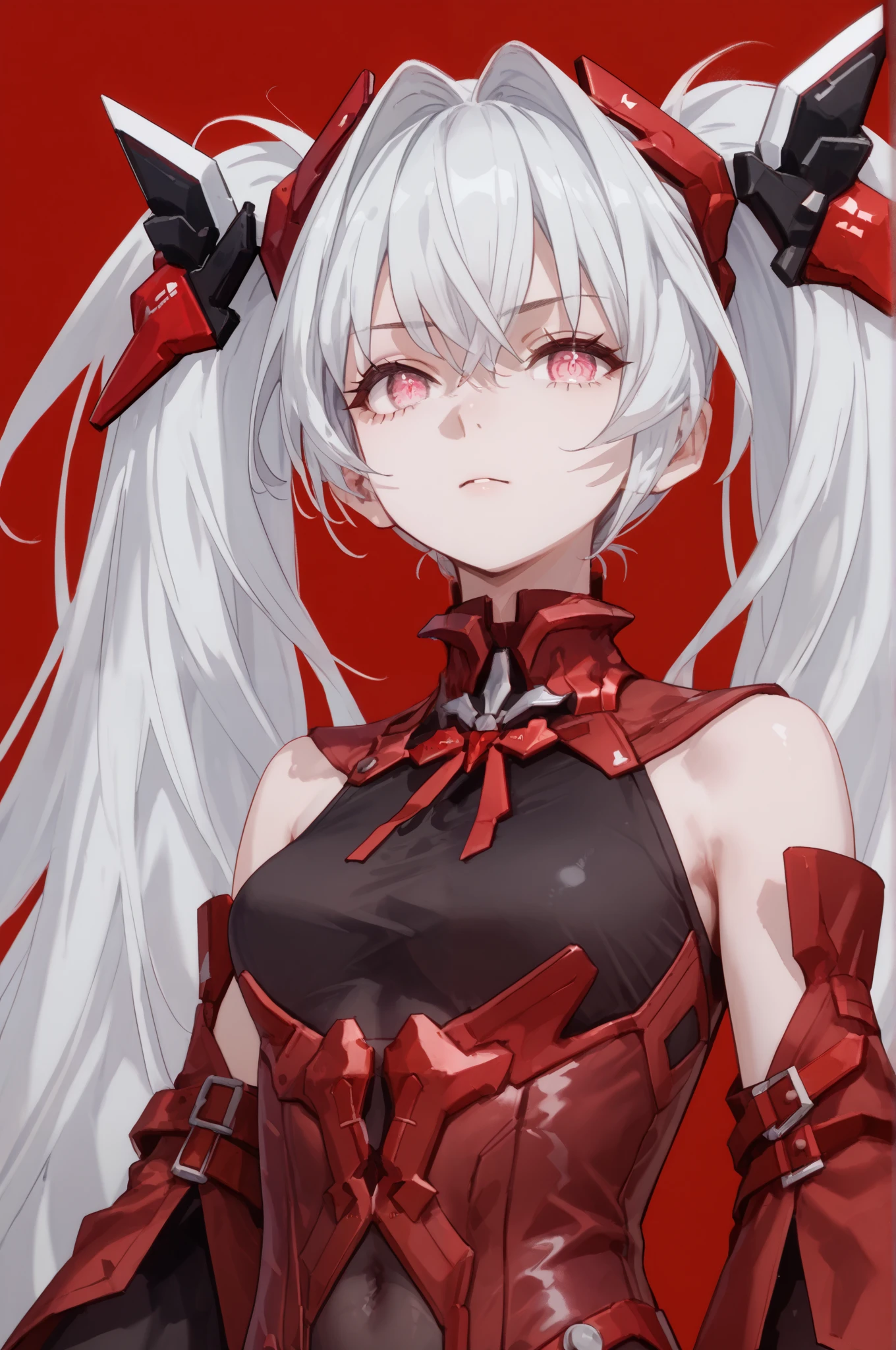 masterpiece, 1girl, anime, Oblivion, pink eyes, white hair, long hair, twintails, headgear, Oblivion clothes, navel visible through clothes, unitard, upper body, innexpressive, red background, simple background, score_9, score_8_up, score_7_up, unaestheticXL_Sky3.1