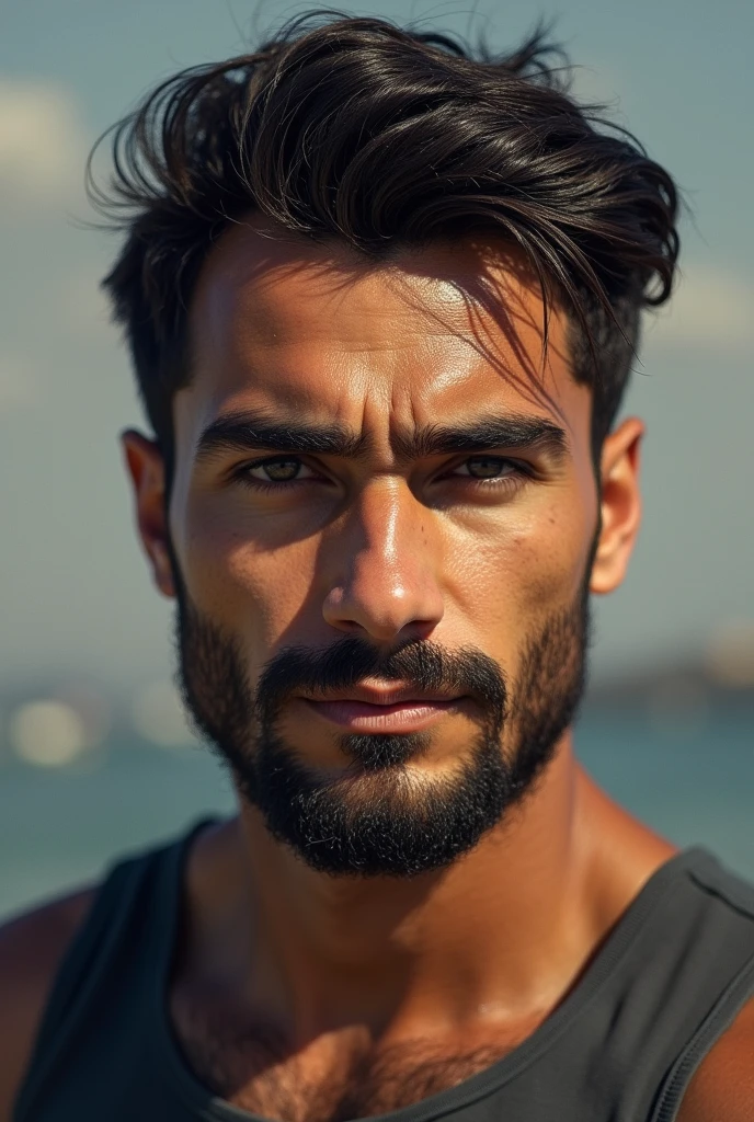world press photo winner, (award-winning photography:1.3), (modern Arabic man, insanely handsome face, mature man, Arabic skin tone, typical Arabic male features:1.4), short messy hair, (very sharp photo:1.1), (8k, RAW photo, best quality:1.3), (realistic, photo-realistic, masculine, modern clothes:1.1), Craggy mountain range, rocky terrain, dramatic peaks, cold, challenging, inspiring,  Portait of a (insanely handsome typical modern Greek man outdoors:1.5), analog style (look at viewer:1.2) (skin texture) (film grain:1.3), (warm hue, warm tone:1.2), close up, cinematic light, sidelighting, ultra high res, best shadow, RAW, upper body, wearing pullover, Microgeometry, skin elasticity, light scattering through hair, ambient occlusion, multi-layer skin shading, facial muscle simulation, iris and pupil rendering, advanced color grading