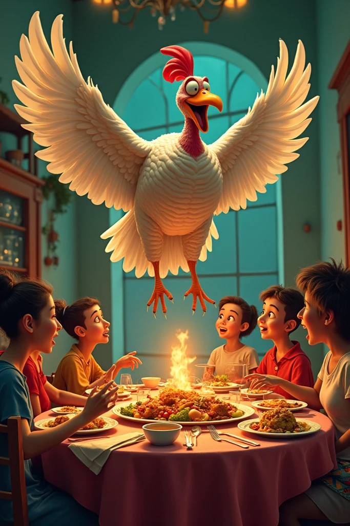 A kid and a turky bird are two friends and warming hand in wood fire