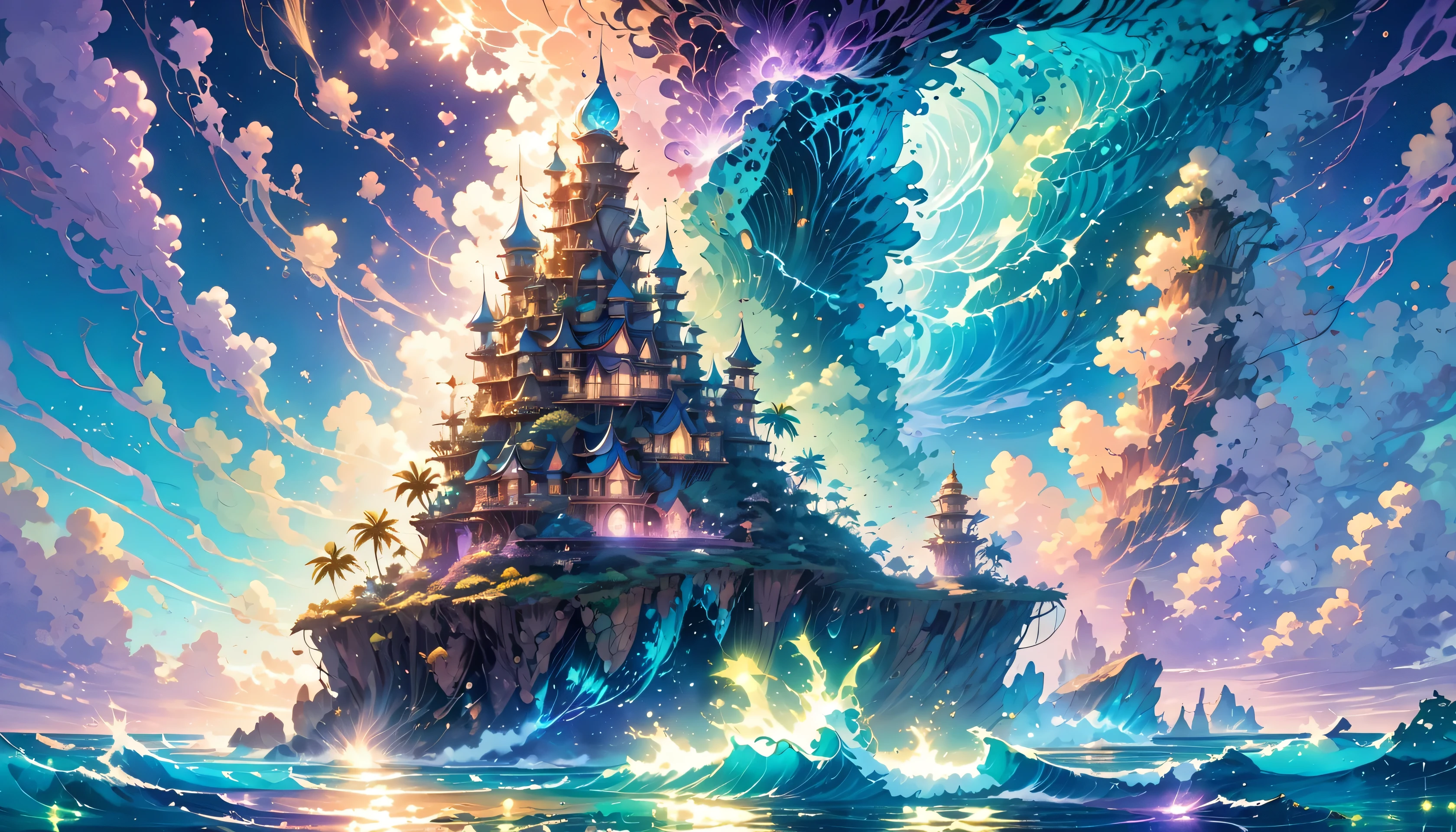 A mysterious floating island in the sky surrounded by soft, glowing clouds and lit by a magical aurora. A breathtaking Azurite Sea in a vibrant, cartoony Disney Lorcana art style, featuring sparkling, deep-blue waters with hints of glowing azurite crystals scattered along the seafloor, visible through the clear, shimmering water. The scene is framed by towering, whimsical sea stacks covered in glowing magical runes, with tropical foliage at their peaks. Playful waves crash gently onto a sandy beach lined with bioluminescent seashells. A glowing golden sun sets on the horizon, casting soft pink, orange, and violet tones across the sky and water. In the foreground, a small, magical sailboat with colorful sails glides serenely, leaving a glowing trail behind. The image is detailed and enchanted, with a painterly Disney feel and a high level of charm and whimsy, perfect for a fantastical and adventurous atmosphere