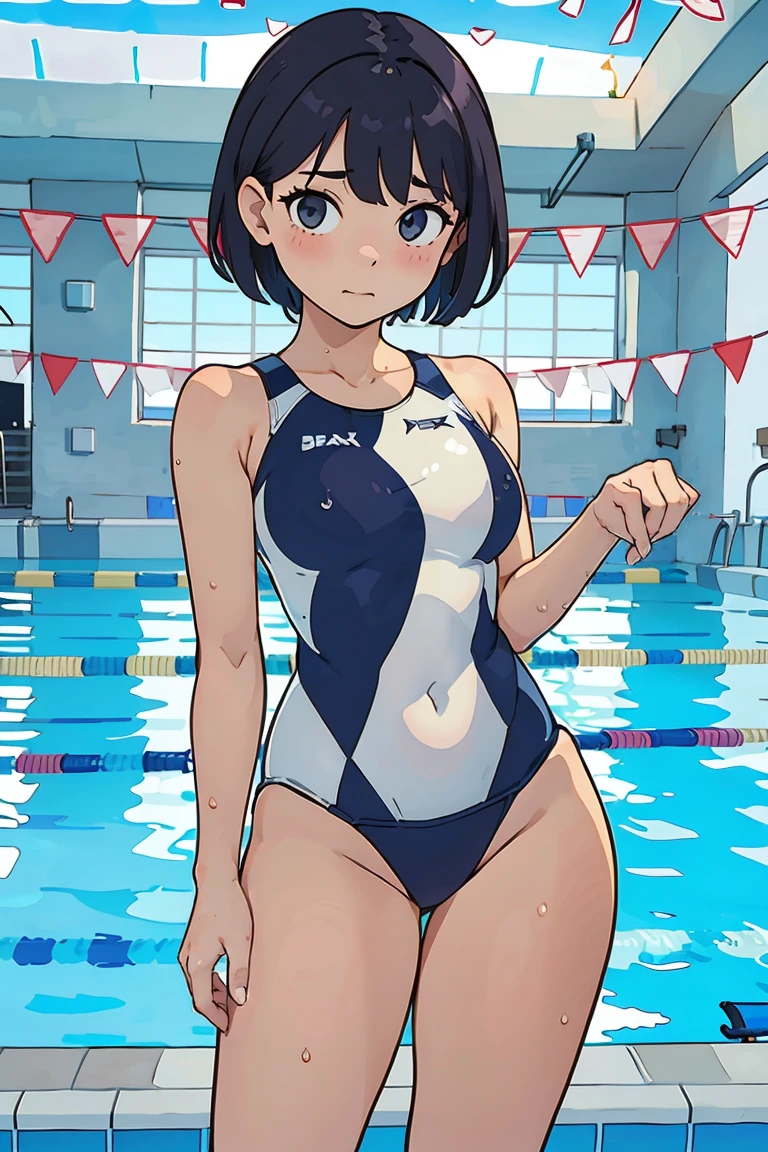 (top-quality:0.8)、(top-quality:0.8)、perfect anime illustration, a girl, 16yo, black short cut, (((thick thighs))), (medium breasts), competition swim wear, ((shy, standing on the swiming poolside)), 