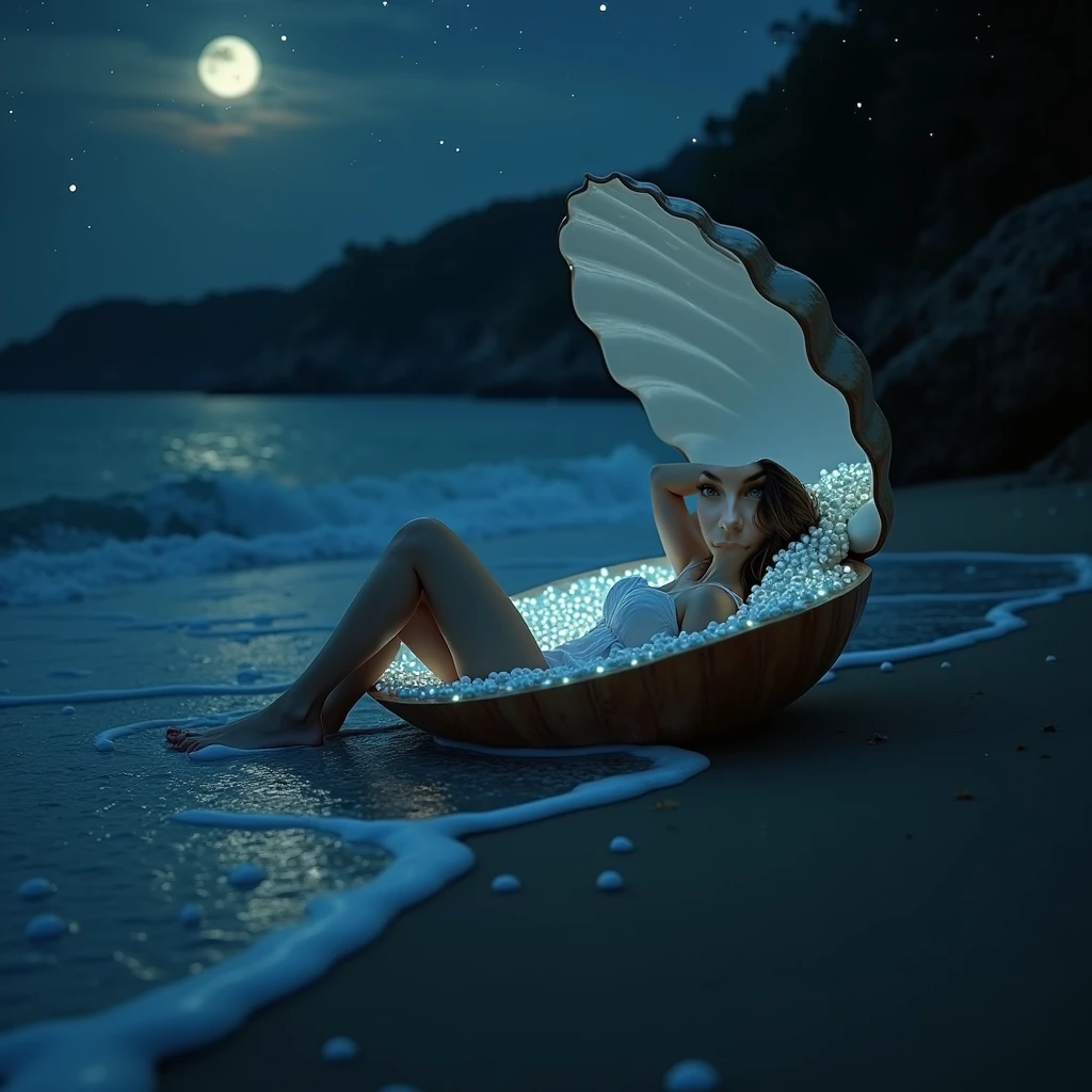 (best quality,4k,8k,highres,masterpiece:1.2),ultra-detailed,(realistic,photorealistic,photo-realistic:1.37),A ditsy blonde (age 25) sleeping on the beach, illuminated by the moonlight, a neon green snake beast slowly approaches her silhouette, while an alien UFO hovers nearby. The sand beneath her is so soft and fine that you can almost feel its texture. The blonde's tousled hair gently sways in the sea breeze, as she lies blissfully unaware of the danger lurking in the darkness. The snake beast slithers silently, its scales reflecting the moonlight, creating an eerie glow against the dark night sky. In the distance, the alien UFO hovers effortlessly, adding an otherworldly element to the scene. The beam of moonlight bathes the entire beach, casting long shadows and illuminating the details of the sleeping blonde, creating a sense of tranquil beauty amidst the unknown. The vibrant neon green of the snake beast provides a striking contrast against the serene blue of the beach and the blackness of the night. The composition of this artwork resembles a dreamlike fantasy, where reality and imagination coexist harmoniously.
