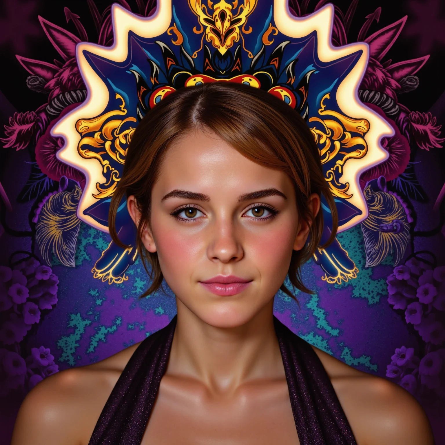 Emma Watson saying "Please Daddy?" as a goddess, radiating psychedelic beauty and feminine perfection, with flawless skin glowing softly. The central focus is on two fingers pushing inside the magical pussy, accentuated by a glowing womb where infinity starts. Her aura exudes positivity and allure, set against a psychedelic background evoking the experience of DMT, filled with vibrant colors, fractals, and surreal patterns. The image should convey a sense of being taken away, capturing an intense, complete orgasmic bliss and ecstasy.