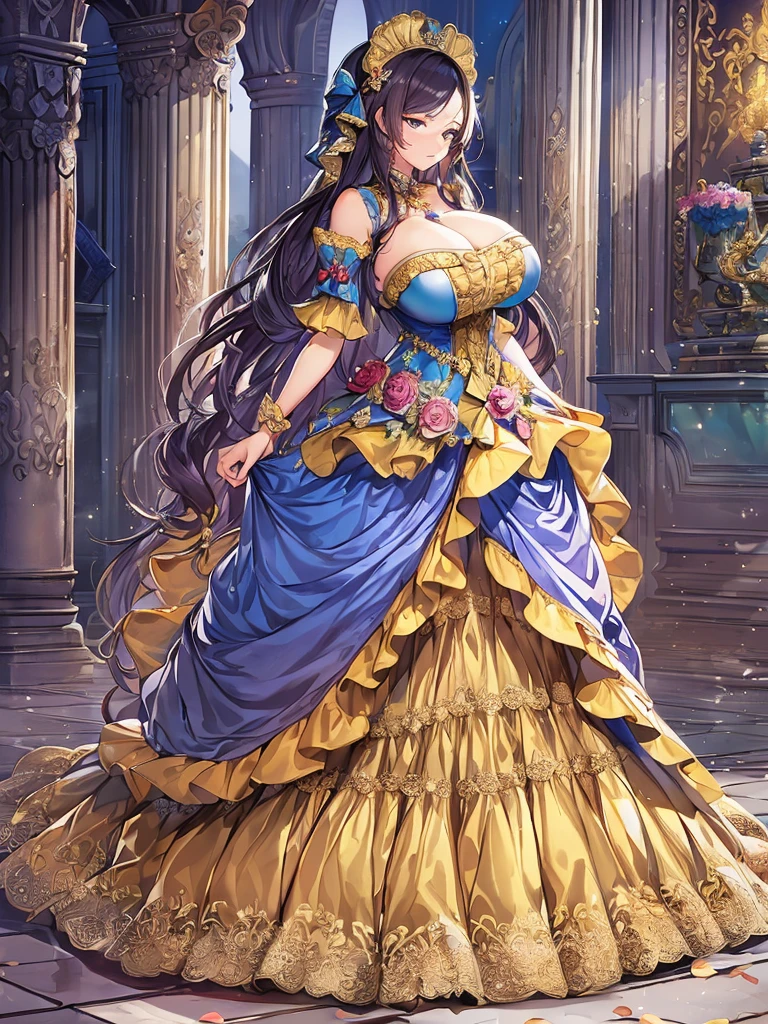 anime artstyle,Masterpiece,Best Quality,Super Detail,((Very Delicate and Beautiful)),(((1 plump princess in beautiful embroidery and jeweled gorgeous rococo ballgown with voluminous hoop skirt))),crinoline skirt,((Solo)),((stand in front of the chalk royal palace,outdoor,sky)),((full body)),(((abnormally gigantic breasts,abnormally gigantic breasts,cleavage))),sagging breasts,skindentation,detailed face and eyes,jewel-like eyes,((extremely voluminous straight Hair,Extremely Long Straight Hair)),((gorgeousfull embroidery and lace,beautiful embroidery and jeweled)),Gorgeous Gemstone Jewelry,gorgeous corsage,((gorgeous hair ornament,glitter jeweled gorgeous big tiara)),((full body)),((beautiful embroidery and jeweled gorgeous rococo ballgown with voluminous hoop skirt)),crinoline skirt,(crinoline),((stand in front of the chalk royal palace,outdoor,sky)),Looking at viewer,dynamic angle,(((beautiful embroidery and jeweled gorgeous rococo ballgown with voluminous hoop skirt))),crinoline skirt,full body,
