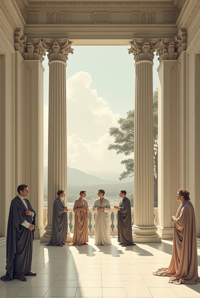 The goddess Minerva with a cell phone in her hand requesting a transportation service, the God Hercules and the goddess Aphrodite at his side waiting for the service, around them three columns, all this in grayscale