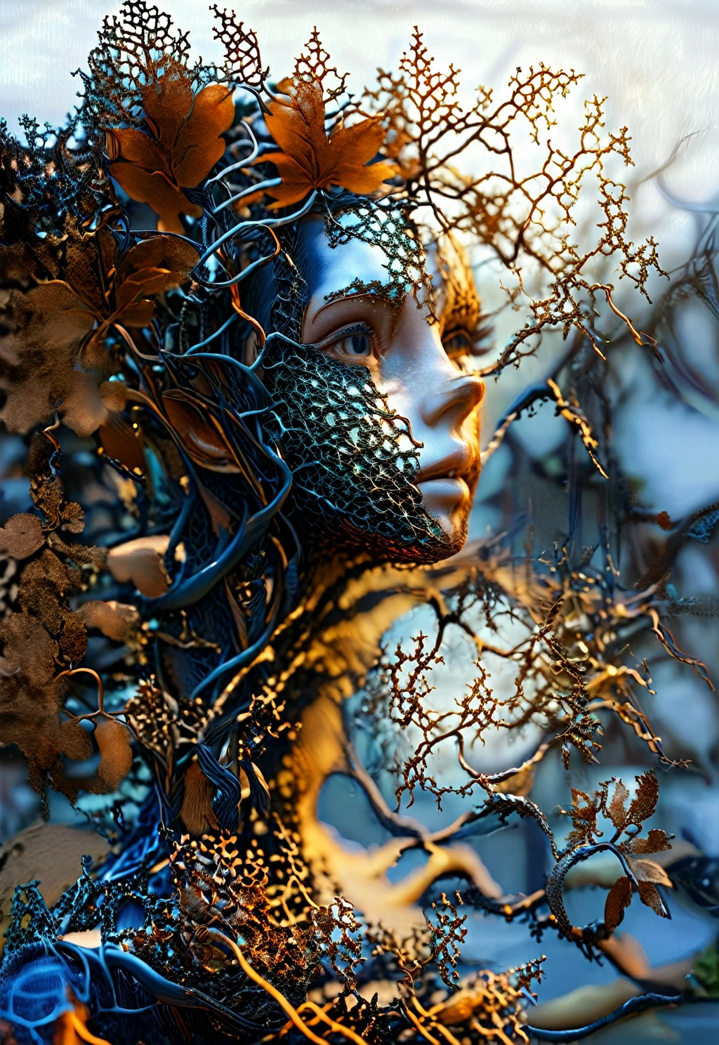   ral-copper wire statue of a woman by Aaron Horky,  fractalvin made of fractal vines ,  ral-bluesresin  , full-length masterpiece ,  best quality,  ultra high definition , (photo Realistic,  Realistic:1.2),  deep shadow , RAW photo, film , Fujifilm XT3, 8k UHD video, dslr