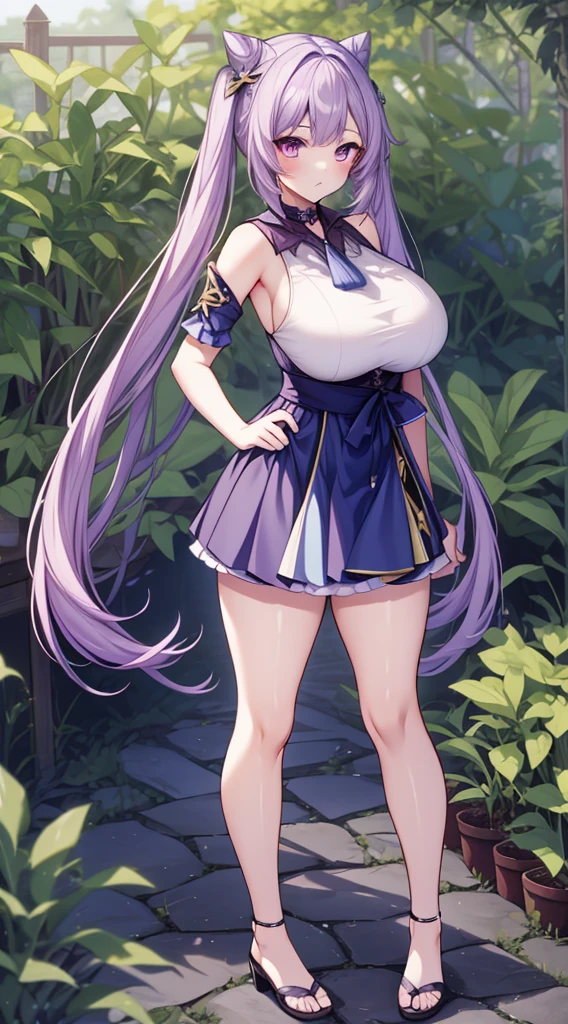 KeqingGenshin_NDV, 1girl, purple hair, large breasts, long hair, twintail, purple eyes, pantyhose, cone hair bun, double bun, (Beautiful,Huge_Breasts:1.3),
BREAK
, 1girl, solo, Standing in the garden, full body, full figure,
BREAK
, in Garden background, garden, 
BREAK
, choker, short skirt, detached sleeves, frills,
BREAK
, official art, extremely detailed CG unity 8k wallpaper, perfect lighting, Colorful, (best_quality:1.0), ultra high res,4K, ultra-detailed, 8K, HDR, high resolution,  absurdres:1.2, film grain, blurry background, (vibrant_color:1.2), (beautiful_face:1.5), (narrow waist),