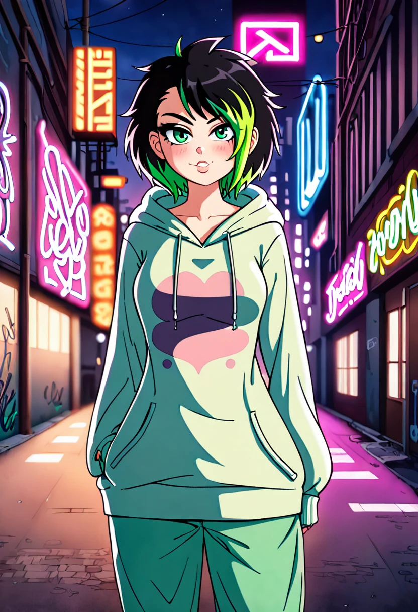 Anime style, source_anime, ((A young girl of mixed Caucasian and Asian descent)), solo, (short messy black hair with neon green highlights, soft green eyes), ((medium round breasts, pretty perfect hot hourglass model body)), wide hips, ((wearing an oversized hoodie and baggy pants in dark tones, with a casual, relaxed style)), look at the viewer with a confident, yet subtle expression, extremely detailed, natural pale lips, cool and relaxed vibe, slight smirk, soft blush, golden sunset, (urban alleyway with graffiti and neon lights reflecting on the ground), depth of field, (standing with hands in hoodie pockets, relaxed posture, slightly tilted head).