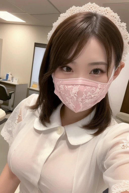 ((highest quality, 8k, masterpiece, Portraiture: 1.3)), (Watching the audience), (Full Shot:0.85),(((sexy lace eye mask))) dental hygienis, 1 person, A little chubby:0.35,Brown wavy hair or short hair 、 White collared sheer shirt, sheer micro Skirt,((big breasts 2.3)) (big pelvis:0.8), (in dentist), smile:0.2,in office,Good posture,20years old,

