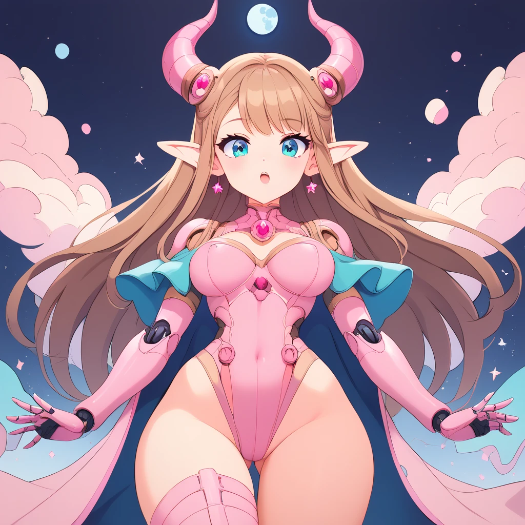 score_9, score_8_up, score_7_up, ((Masterpiece)), ((highres)), (1girl), a detailed cyborg girl, long brown hair, cybernetic waist cape, beautiful anime eyes, pink cyborg armor, cyberntic horns, defined elf ears, defined eyes, blue iris, long eye lashes, defined nose, curvy, wide hips, slim waist, (thighs up in frame), hands to the sides oif her, ((pastel moon background)))