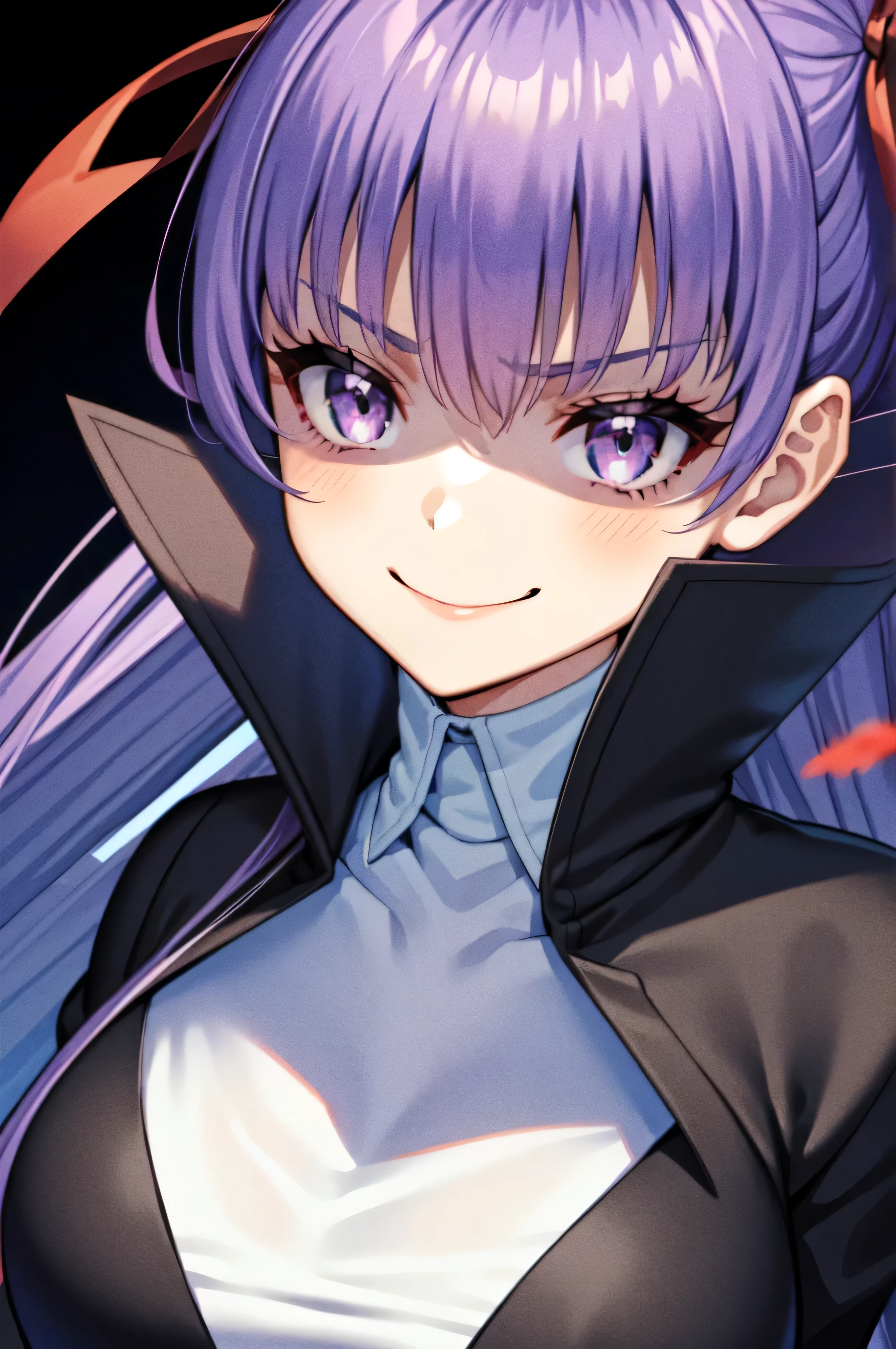  Isoscale, Mid Shot,  night, ,,, Purple Hair, Black jacket, , Red ribbon, Big Breasts, Purple eyes, White gloves, Long Hair, Large collar, evil Smile,,,(evil Smile:1.3),Highly detailed CG Unity 8K wallpapers, Perfect lighting,,Looking down at the viewer,,Anxious smile,Black and purple world background,deep shaded face(eyes in shadow),solo,Yandere,,look down,looking down at viewer, ,,from below,close up,Dark Side、),((masterpiece,best quality)), 