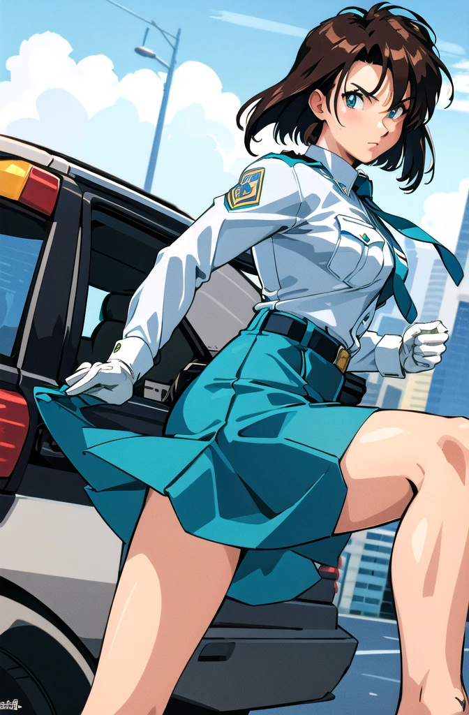 (masterpiece, best quality,   Details),  1 girl, Alone, Outdoor, street,  COWBOY SHOOTING ,  spread legs,  Dutch angle,  place your hands on your lower back, Green,  watching viewers ,
Natsumi Tsujimoto,  cop uniform ,  blue tie ,  white shirt,  COWBOY SHOOTING ,  Long Sleeve ,  white gloves,   Pencil Skirts,   retro art style, 　 Surrounded by Men