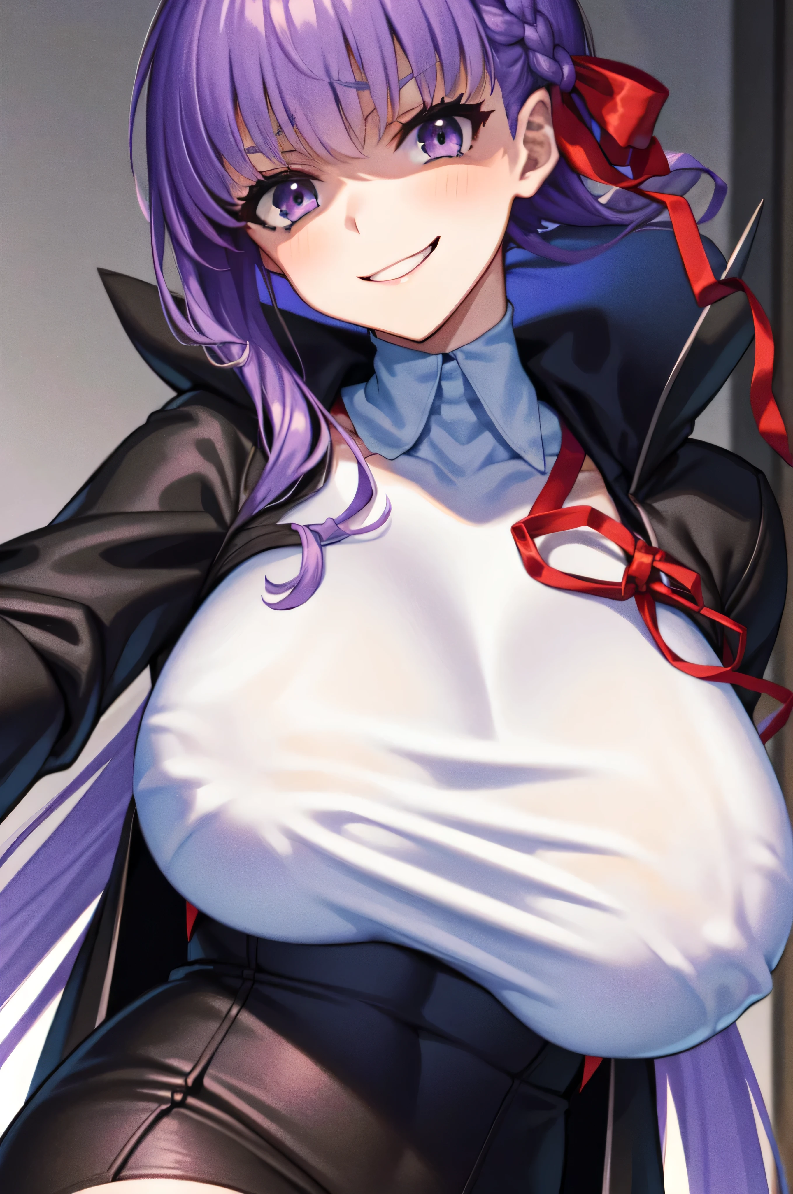  Isoscale, Mid Shot,  night, ,,, Purple Hair, Black jacket, , Red ribbon, Big Breasts, Purple eyes, White gloves, Long Hair, Large collar, evil Smile,,,(evil Smile:1.3),Highly detailed CG Unity 8K wallpapers, Perfect lighting,,Looking down at the viewer,,Anxious smile,Black and purple world background,deep shaded face(eyes in shadow),solo,Yandere,,look down,looking down at viewer, ,,from below,close up,Dark Side、),((masterpiece,best quality)), 