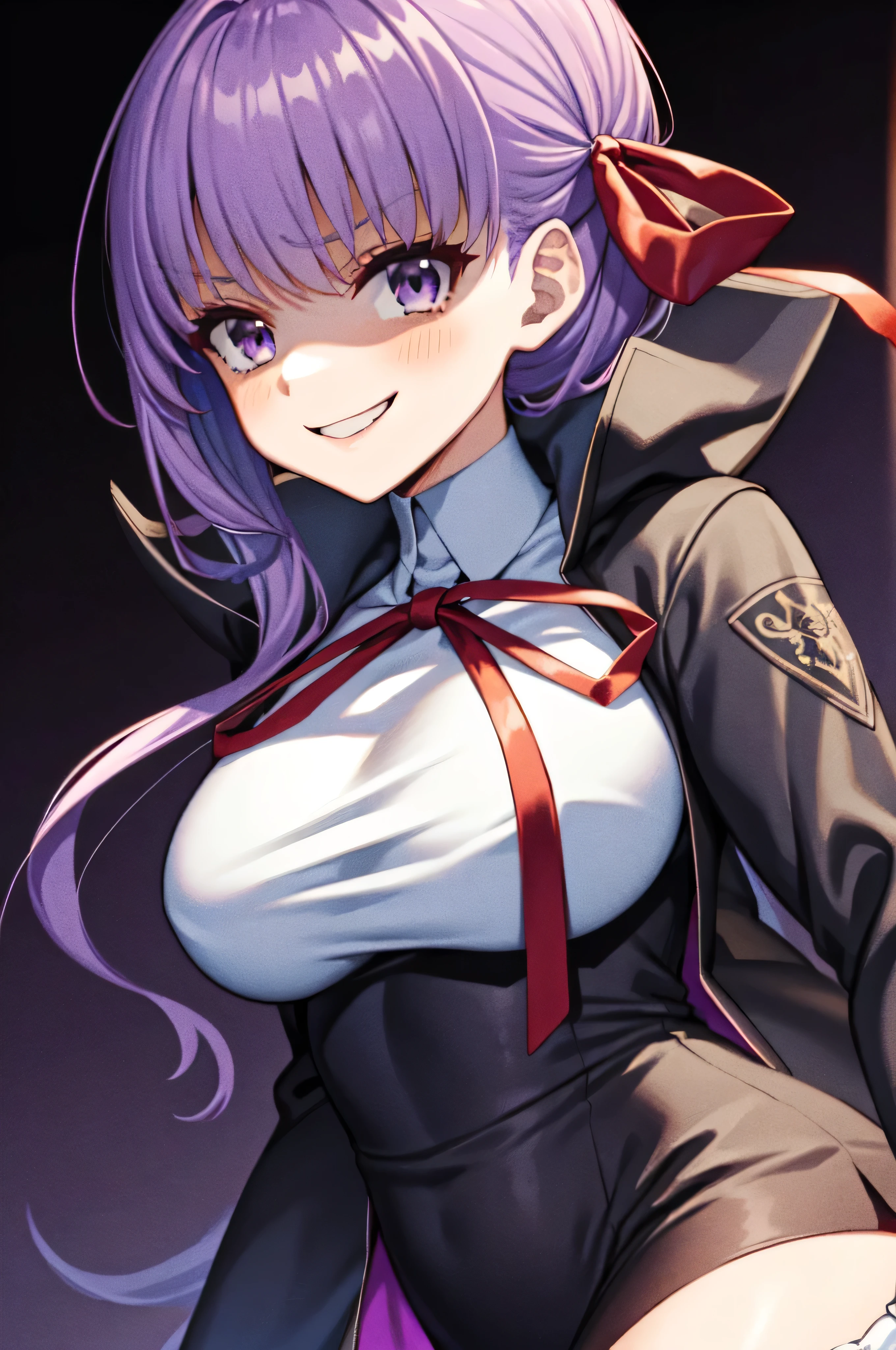  Isoscale, Mid Shot,  night, ,,, Purple Hair, Black jacket, , Red ribbon, Big Breasts, Purple eyes, White gloves, Long Hair, Large collar, evil Smile,,,(evil Smile:1.3),Highly detailed CG Unity 8K wallpapers, Perfect lighting,,Looking down at the viewer,,Anxious smile,Black background,deep shaded face(eyes in shadow),solo,Yandere,,look down,looking down at viewer, ,,from below,close up,Dark Side、),((masterpiece,best quality)), 