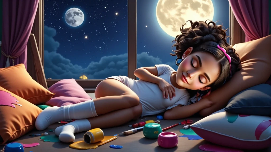 Inspired by Disney-Pixar 3D posters, the scene shows a girl, light brown skin, African descent, curly hair tied in a ponytail, a pink lock of hair, lying down with her eyes closed, clearly sleeping peacefully and happily. It is night, the moon is full and the stars shine breathtakingly, and the room has a soft glow that exudes a magical and peaceful atmosphere. The girl is surrounded by creative chaos: vibrant paints scattered everywhere, cushions of various colors around her, brushes and open paint pots, with splashes covering the floor, the cushions and even her own clothes. Her white T-shirt and pink shorts, short and sexy, tucked into her vagina so tight, white socks up to her knees. A huge window shows the beauty of this special night. They are stained with paint, her body is covered in splashes and traces of paint, but this adds to the feeling of creative joy. Her expression conveys peace and contentment, as if she had fallen asleep in the middle of an imaginative painting session. The scene, although messy, is enveloped by a playful and comforting atmosphere, highlighting creativity and dreaming.