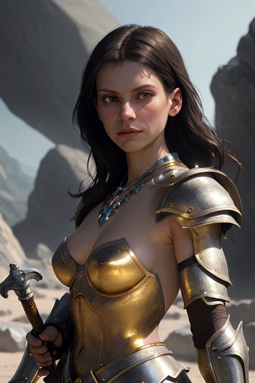 Adriana Malkova is a beautiful ethereal female elf knight, raven-black hair, in the style of Boris Vallejo, high detail sexy filigree armor, high detail face, high detail skin, fierce expression, strong body, muscle definition, (perfect proportions), Heavy Metal aesthetic, blood stained, dirty, sweaty, wielding a sword, high fantasy medieval battlefield background, high quality, masterpiece, realistic photo, intricately detailed, 8k, HDR, shallow depth of field, wide light, high contrast, backlight, sharp focus, RAW color photo, looking at the camera, cool colors, dynamic poses, dynamic tracking shot