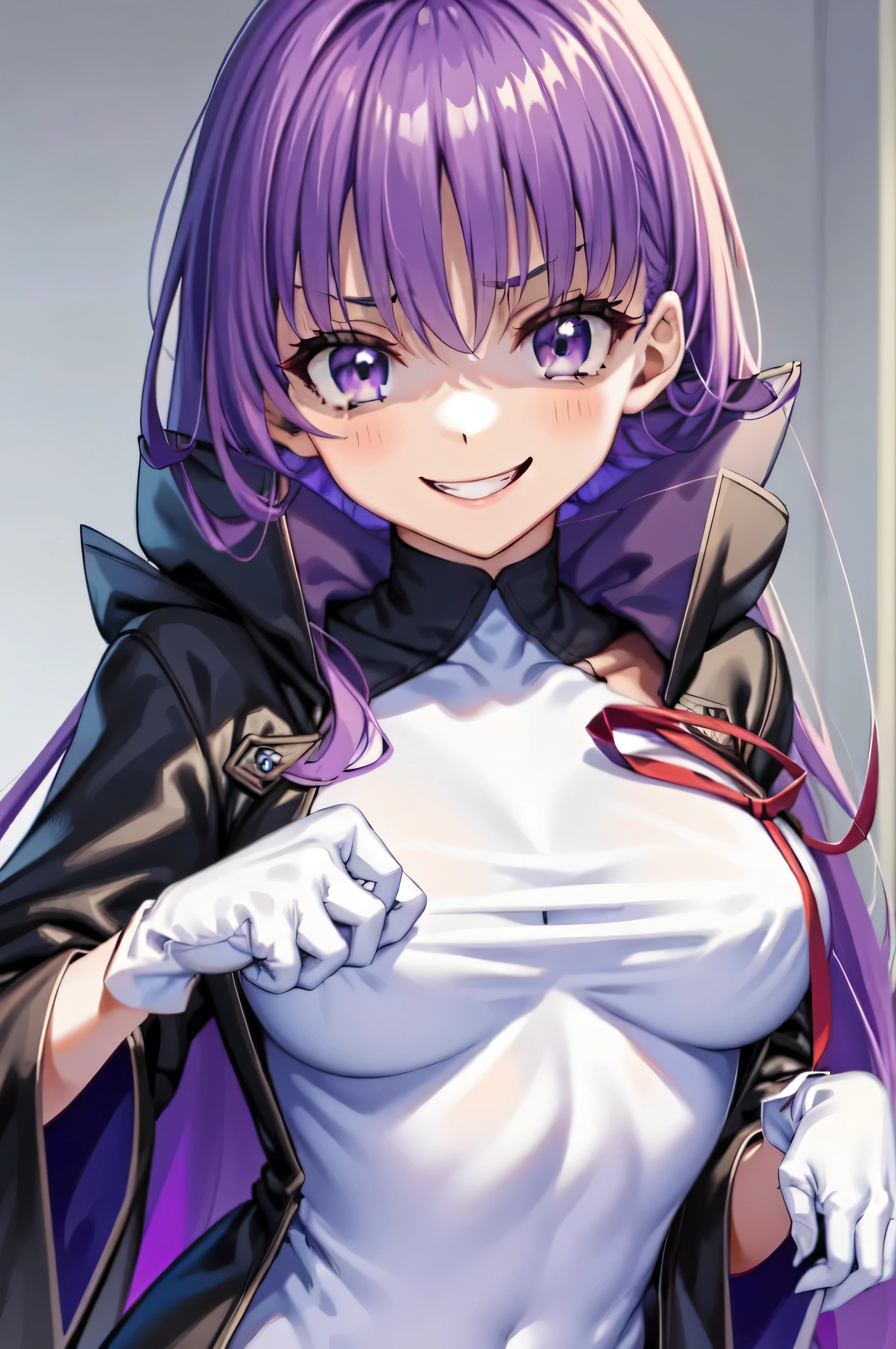  Isoscale, Mid Shot,  night, ,,, Purple Hair, Black jacket, , Red ribbon, Big Breasts, Purple eyes, White gloves, Long Hair, Large collar,most evil Smile,,,(evil Smile:1.3),Highly detailed CG Unity 8K wallpapers, Perfect lighting,,Looking down at the viewer,,Anxious smile,Black background,deep shaded face(eyes in shadow),solo,Yandere,,look down,looking down at viewer, ,,from below,close up,Dark Side、),((masterpiece,best quality)), 