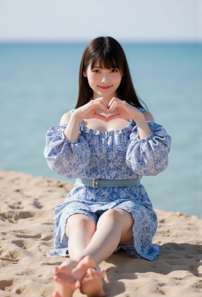 barefoot,  making a heart shape with both hands ,Woman sitting on sandy beach with her knees bent , photorealism ,   young Japanese woman ,(Facing the camera), Alone,A perfect smile,   Beautiful Dark Eyes  ,  beautiful skin , Long black hair, Full Body Portrait of a Beautiful Woman , blue off-the-shoulder shirt, white skinned,  Amazing Face , Beautiful appearance, Water Play,  8K resolution concept art portrait, White Sand Beach at Midsummer Midday , gentle waves,Heel-deep in water, Pulp Adventure Style , fluid acrylic , Dynamic gradients, vivid color, Awareness-raising,  Highly Detailed Vector Curves ,  it's a simple , Vector art, Sleeping,  character design, 3D Shading,  Movie-like , Gorgeous patterns,  Elegant Organic Framing ,  Hyperrealism ,  posterized ,  bright color , Real People,