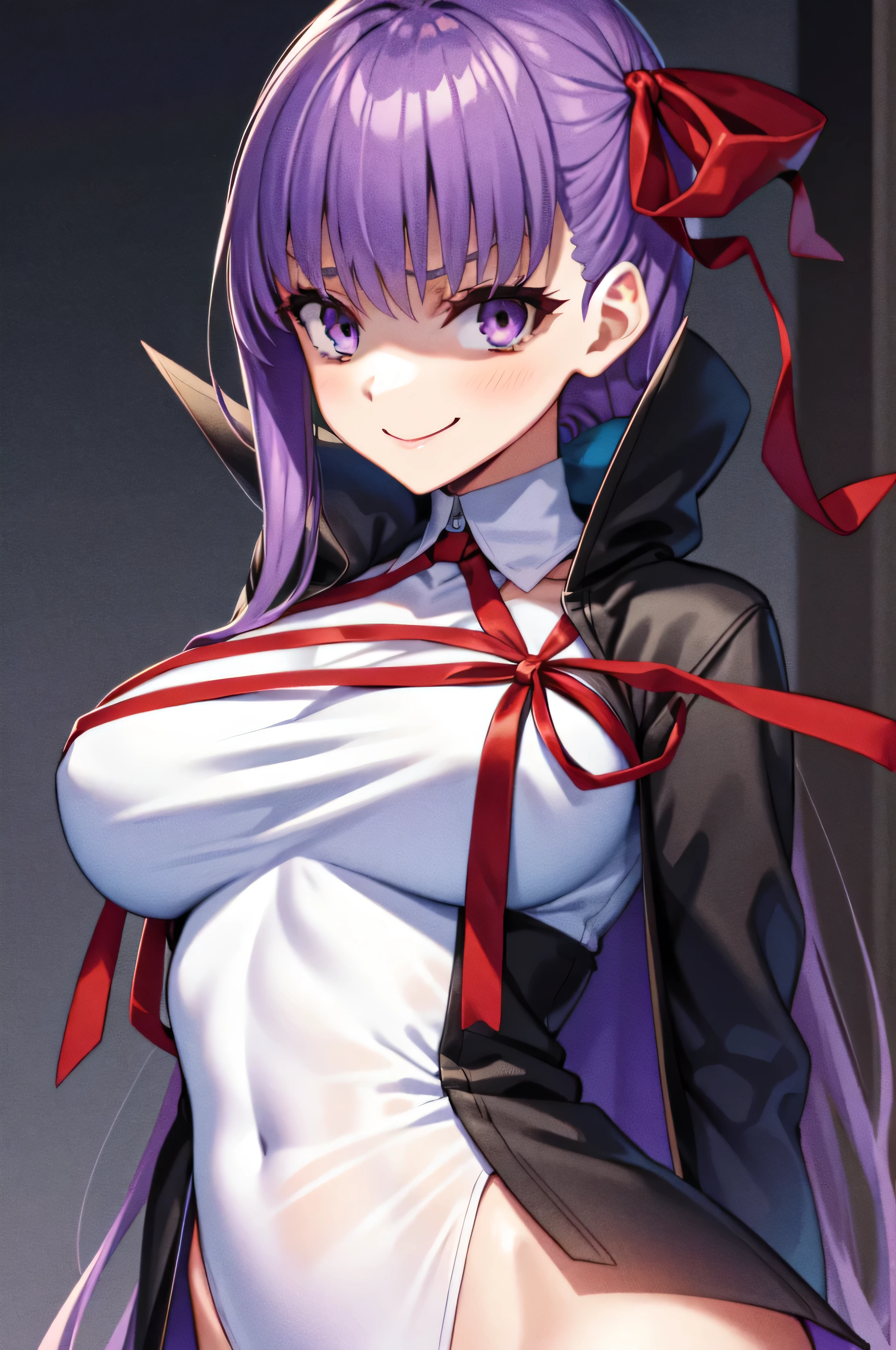  Isoscale, Mid Shot,  night, ,,, Purple Hair, Black jacket, , Red ribbon, Big Breasts, Purple eyes, White gloves, Long Hair, Large collar,most evil Smile,,,(evil Smile:1.3),Highly detailed CG Unity 8K wallpapers, Perfect lighting,,Looking down at the viewer,,Anxious smile,Black background,deep shaded face(eyes in shadow),solo,Yandere,,look down,looking down at viewer, ,,from below,close up,Dark Side、),((masterpiece,best quality)), 