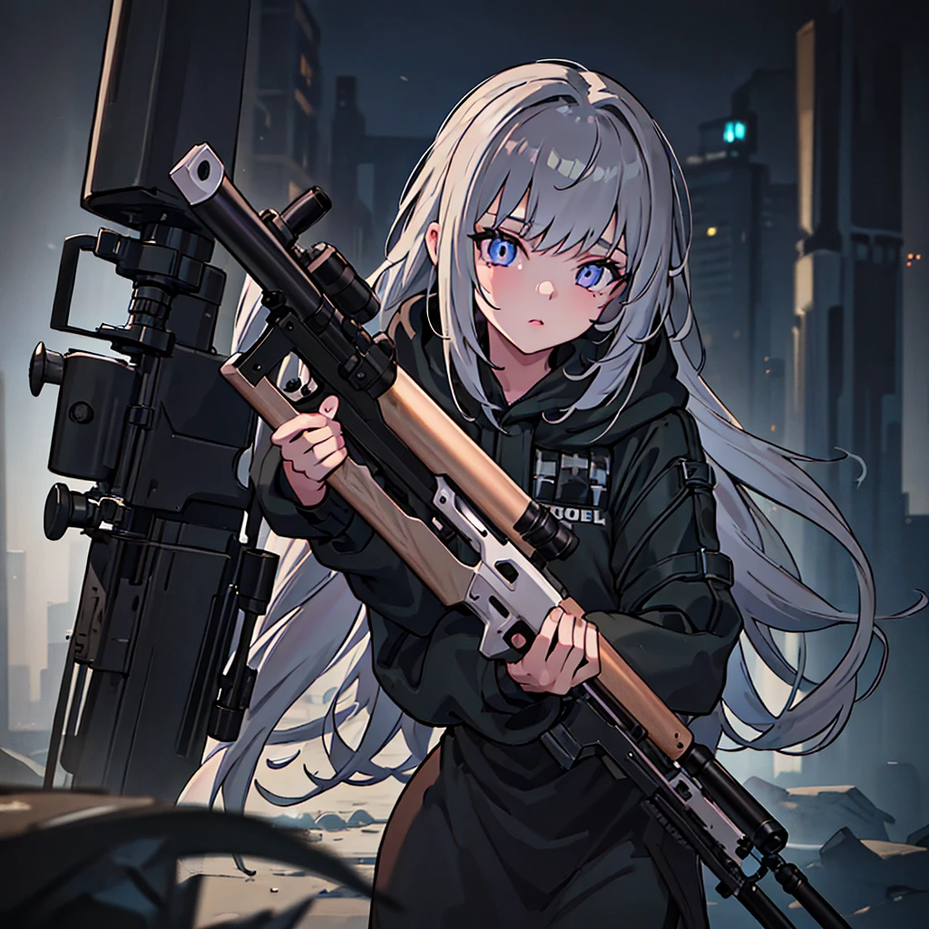 girl with long hair wearing oversized black hoodie,holding bolt-action sniper rifle,beautiful detailed eyes,beautiful detailed lips,extremely detailed face,long eyelashes,photorealistic,8k,hyperdetailed,cinematic lighting,dramatic lighting,moody atmosphere,chiaroscuro,digital painting,concept art,muted colors,cool color palette