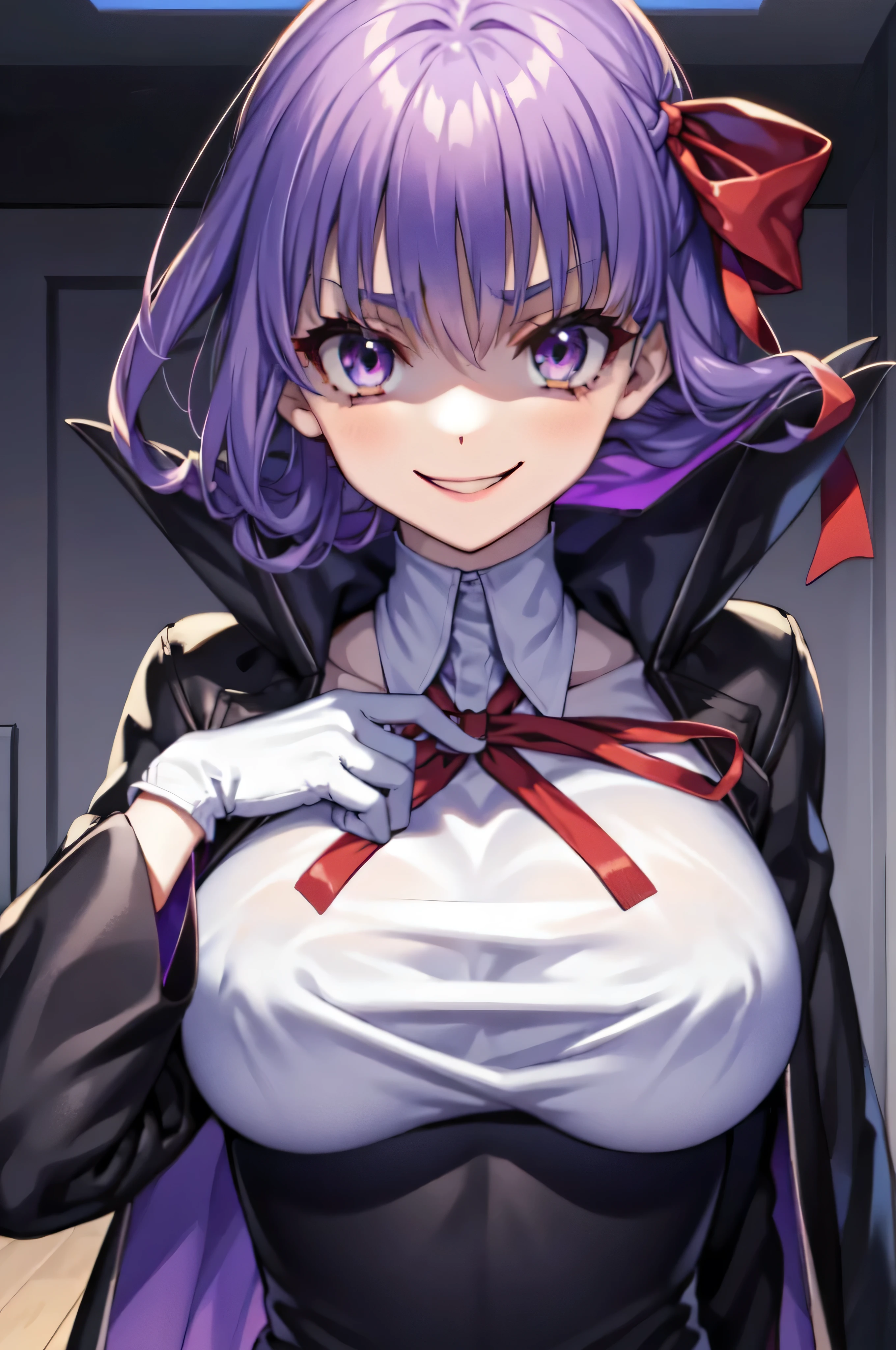  Isoscale, Mid Shot,  night, ,,, Purple Hair, Black jacket, , Red ribbon, Big Breasts, Purple eyes, White gloves, Long Hair, Large collar,most evil Smile,,,(evil Smile:1.3),Highly detailed CG Unity 8K wallpapers, Perfect lighting,,Looking down at the viewer,,Anxious smile,Black background,deep shaded face(eyes in shadow),solo,Yandere,,look down,looking down at viewer, ,,from below,close up,Dark Side、),((masterpiece,best quality)), 