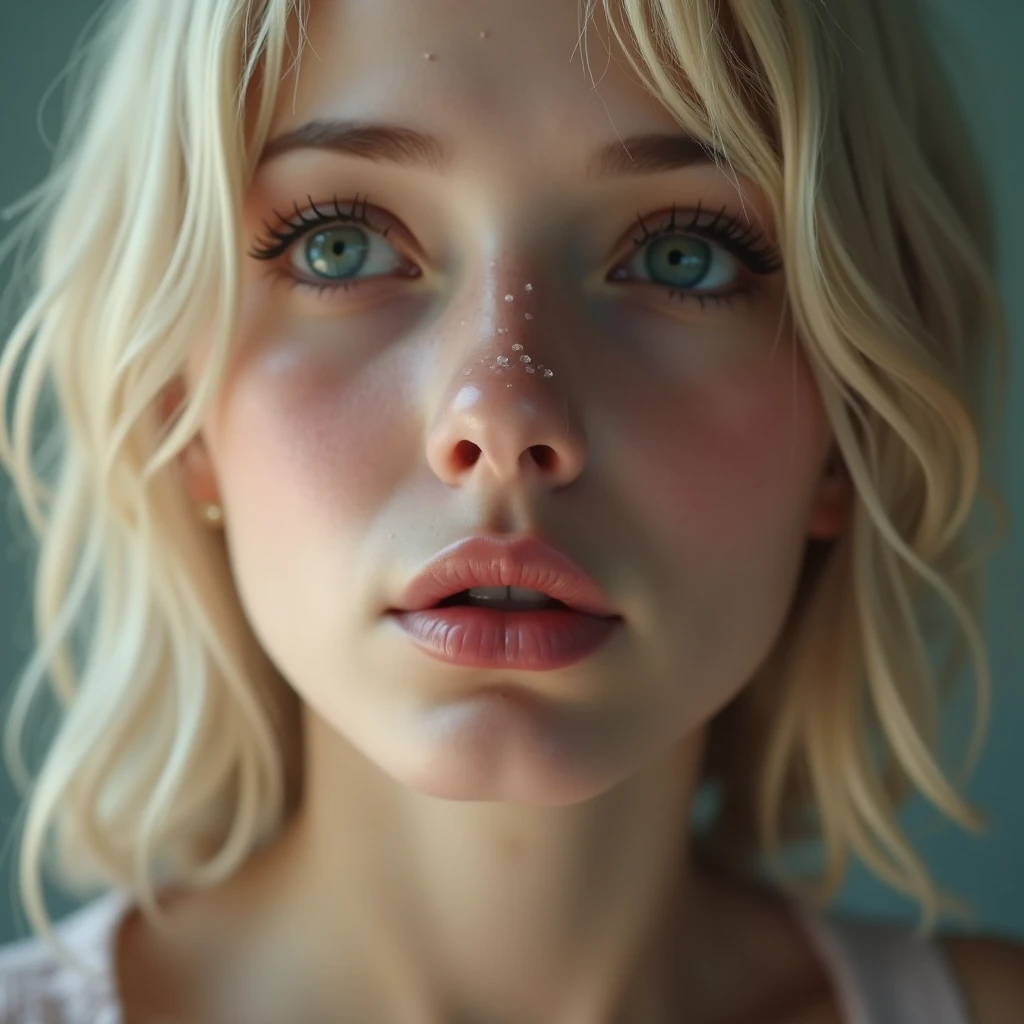 Create amazing image of actress Scarlett Johansson, blonde, with detailed eyes and shine, textured skin and pores, sweat body, busty, topless , detailed mouths, cinematic lighting, intricate, hyper realistic, high resolution, 4k, raw