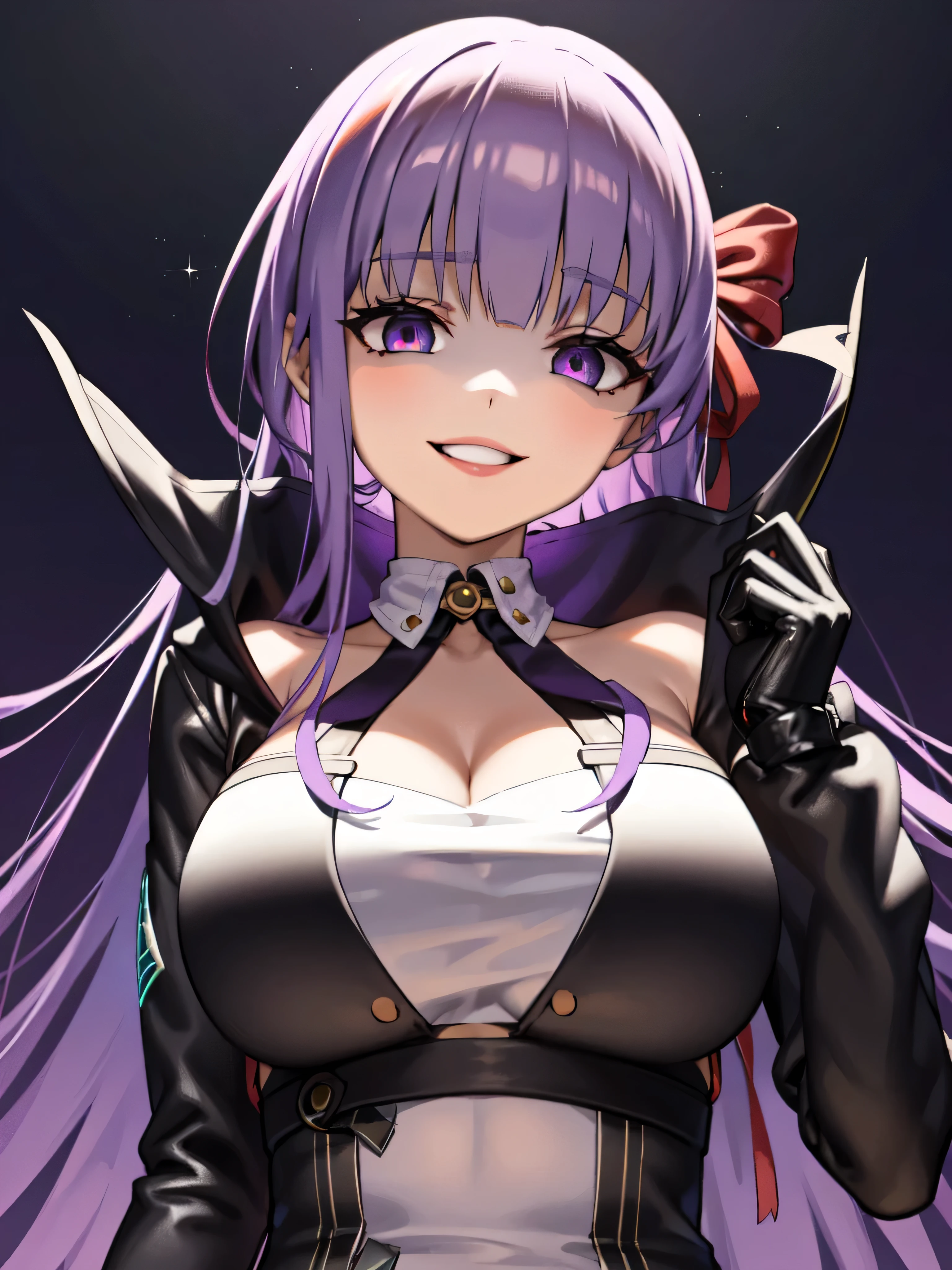  Isoscale, Mid Shot,  night, ,,, Purple Hair, Black jacket, , Red ribbon, Big Breasts, Purple eyes, White gloves, Long Hair, Large collar, Wicked Smile,,,(Wicked Smile:1.3),Highly detailed CG Unity 8K wallpapers, Perfect lighting,,Looking down at the viewer,,Anxious smile,Black and purple world background,deep shaded face(eyes in shadow),solo,Yandere,,look down,looking down at viewer, ,,from below,close up,Dark Side、