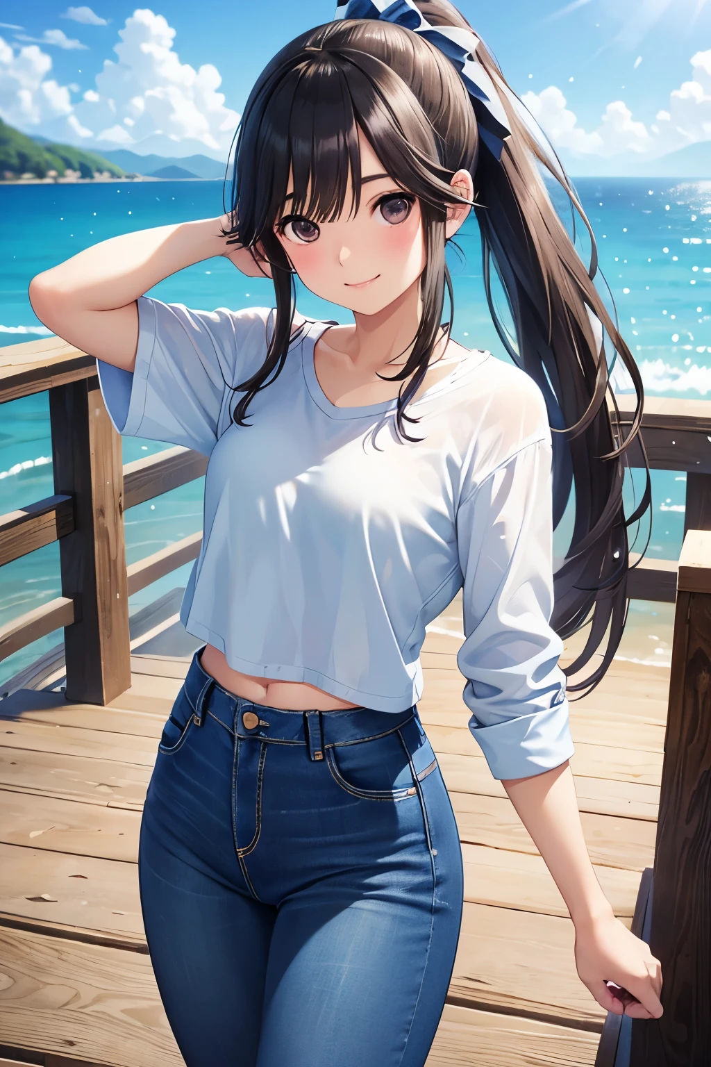 Takane Manaka、 shiny brown long hair、 ribbon ponytail,、 with Beautiful Brown Eyes 、smile、Sparkling Eyes, (fine grain)、 Very detailed eyes 、 very detailed face in light blue underwear, Very detailed eyes , masterpiece, best quality, high definition , ( best quality,masterpiece:1.2),Alone,Alone、 Cowboy Shot 、
ocean, handrail, wearing jeans, jeans, denim pants, smile, (Wave:0.9), standing under a bridge , beach background , sky background , Wooden bridge, black bikini ,