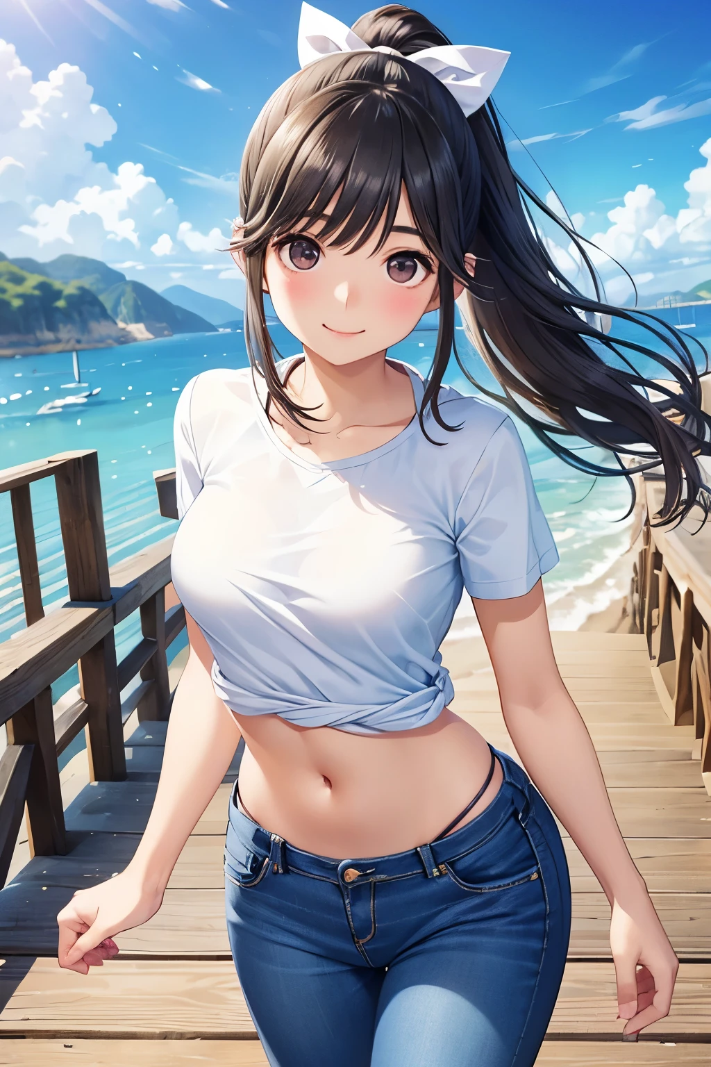 (8K、Highest quality、Highest quality、masterpiece)、Detailed face、One Girl、(Brown Skin:1.2)、Long Hair、Red Eyes、Serious、(Red Tank Top、Denim hot shorts、Open Shorts、Unziped shorts、Mini jeans Shorts、No Panties、NoPanties、Spread pussy、heart cutout)、labia view、Beach、cloud、vagina、Pussy Lip、Wedgie between Pussy Lips、Big Breasts