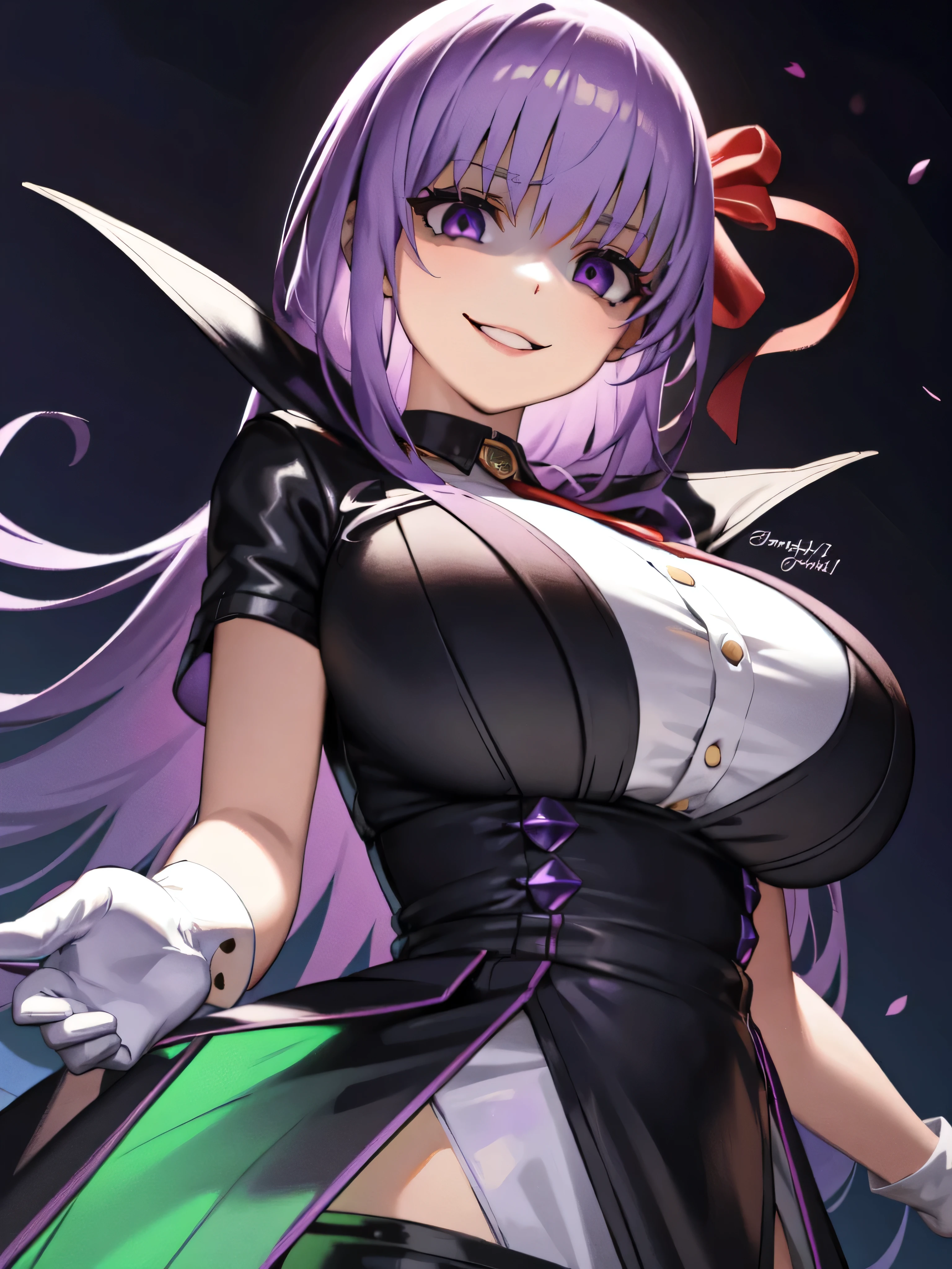  Isoscale, Mid Shot,  night, ,,, Purple Hair, Black jacket, , Red ribbon, Big Breasts, Purple eyes, White gloves, Long Hair, Large collar, Wicked Smile,,,(Wicked Smile:1.3),Highly detailed CG Unity 8K wallpapers, Perfect lighting,,Looking down at the viewer,,Anxious smile,Black and purple world background,deep shaded face(eyes in shadow),solo,Yandere,,look down,looking down at viewer, ,,from below,close up,Dark Side、