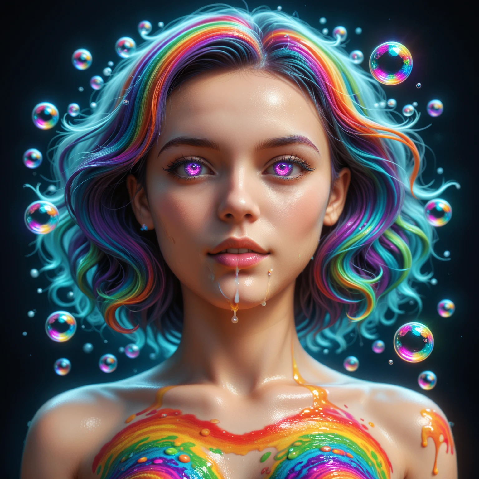 A photorealistic cinematic dream, an extremely attractive young woman, (full body shot) with violet eyes is caught and trapped inside of glass globe where psychedelic vibrant colors are shimmering, glass orbs are  levitating and spilling  out rivers of intricate rainbow patterns, perfectly formed symmetrical spheres levitate, glowing reflective bubbles are forming, attention to detail on the bubbles and spheres, rainbows of color twisted in and out of translucent orbs, spilled paint and spirals of swirling color fill the background, beautiful detailed digital art, pixel art,  4d mandelbulb psychedelics, glass-like  landscapes, intricate patterns of psychedelic underwater brightness, trails of color and light, bright neon colors, psychedelic vibrant colors, colorful paint drips out of the bubbles, 3D glass spheres melting into each other spilling out colors, visually disorienting, hallucination inducing, optical illusions, startling, stunning images, awe-inspiringly, best quality wallpaper, pixel assets, portrait photography, surrealism, photorealistic, hyperdetailed, glass morphism,highly reflective, glass shines and sparkles In a room with mirrors for walls glass is morphing inside of intricate rainbow patterns, perfectly formed symmetrical spheres and glowing reflective bubbles are everywhere melting into fizzy neon patterns carpeting the ground. Attention to detail on the bubbles and spheres, rainbows of color twisted in and out of translucent orbs, spilled paint and spirals of swirling color surround the young woman, beautiful psychedelic digital art, pixel art, neon green and neon pink, 4d mandelbulb psychedelics, glass-like psychedelic landscape, intricate rainbow environment, psychedelic underwater brightness, trails of color and light, bright fluorescent colors, psychedelic vibrant colors, bright psychedelic neon colors, colorful paint drips out of the bubbles, 3D glass spheres melting into each other spilling out colors,.