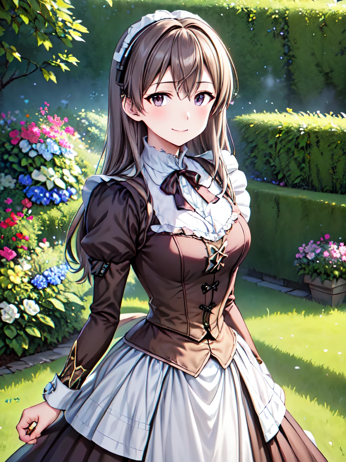  best quality,   Very high quality ,  Ayla Irmatar 、1 person, One person、( animated illustration style:1.3) 、( brown hair、赤 brown hair:1.5)、Long Hair、 very beautiful brown eyes、smile、 closed mouth ,garden,Beautiful flowers、 Absolute reference to the center 、( Victorian Maid Outfit:1.6)、4Ｋ，8Ｋ,(Genuine、Genuine志向、写真Genuine志向:1.2）、 ultra high resolution 、 ultra high resolution、Painting、  COWBOY SHOOTING 、
