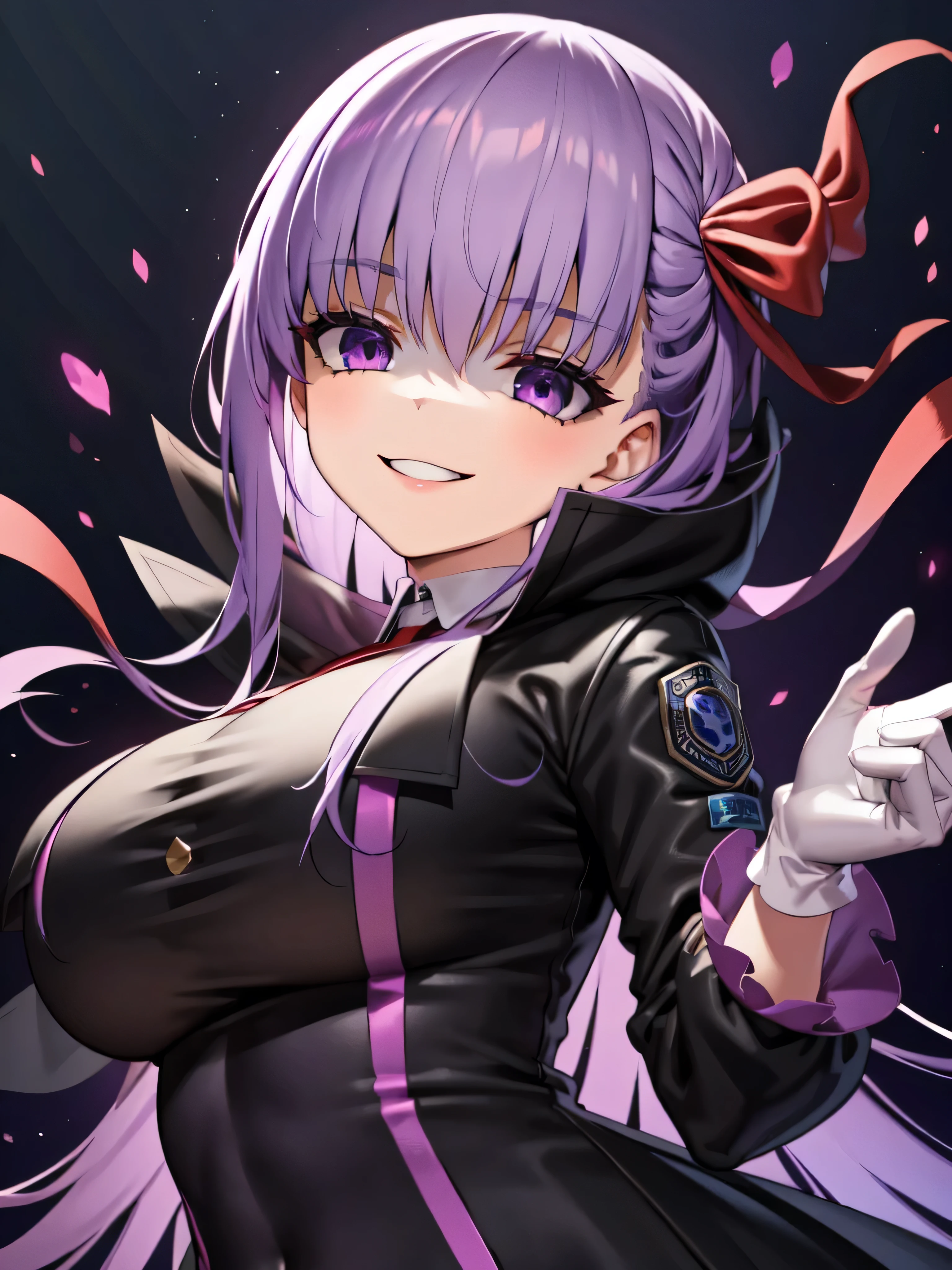  Isoscale, Mid Shot,  night, ,,, Purple Hair, Black jacket, , Red ribbon, Big Breasts, Purple eyes, White gloves, Long Hair, Large collar, Wicked Smile,,,(Wicked Smile:1.3),Highly detailed CG Unity 8K wallpapers, Perfect lighting,,Looking down at the viewer,,Anxious smile,Black and purple world background,deep shaded face(eyes in shadow),solo,Yandere,,look down,looking down at viewer, ,,from below,close up,Dark Side、