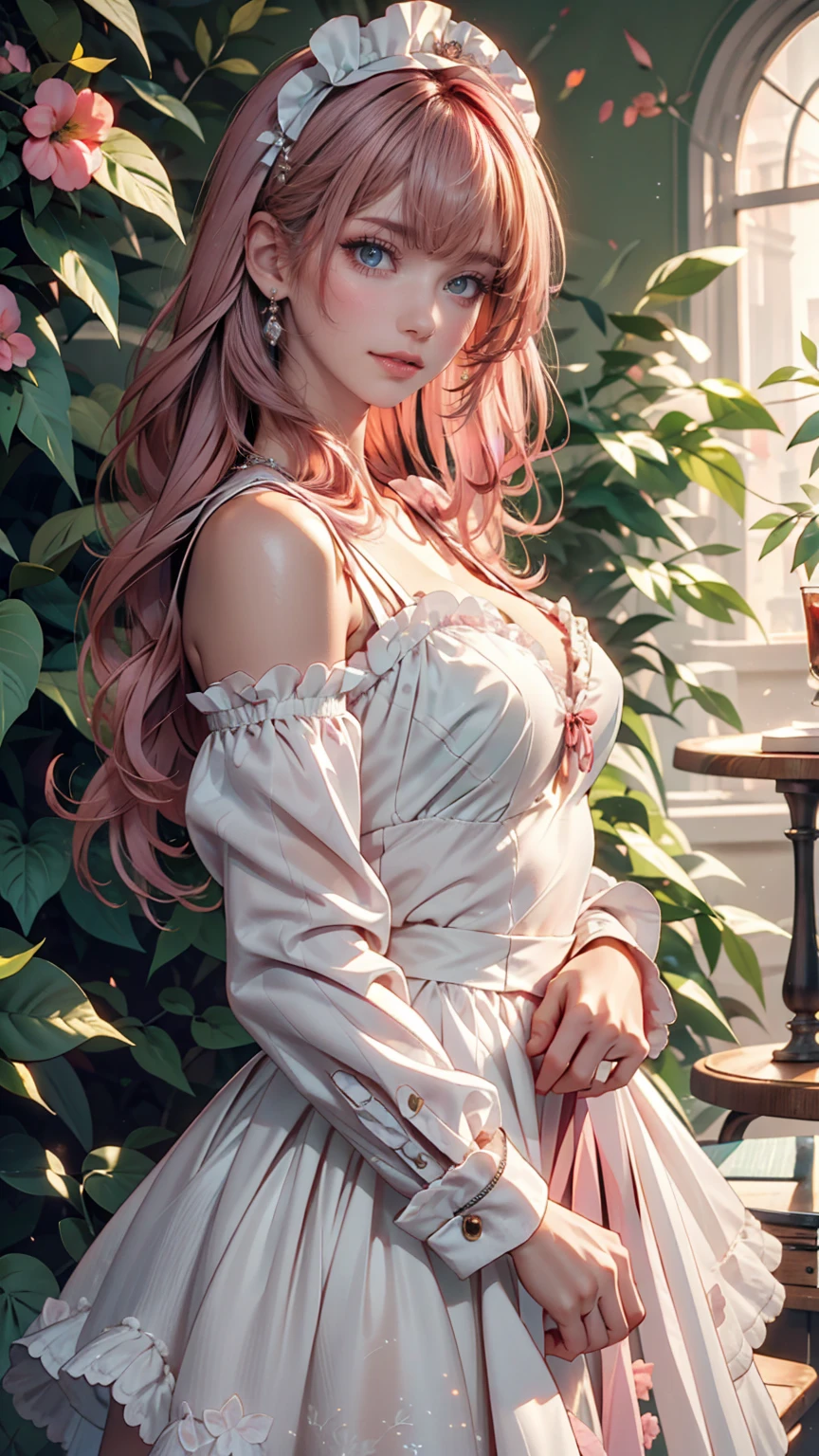 best quality,masterpiece,Ultra-high resolution,(photoactual:4:0),emperor bush,A Protea Goddess,Pink long hair shawl,Big breasts,thin waist,Wearing an imperial lace skirt,Sitting on the flower